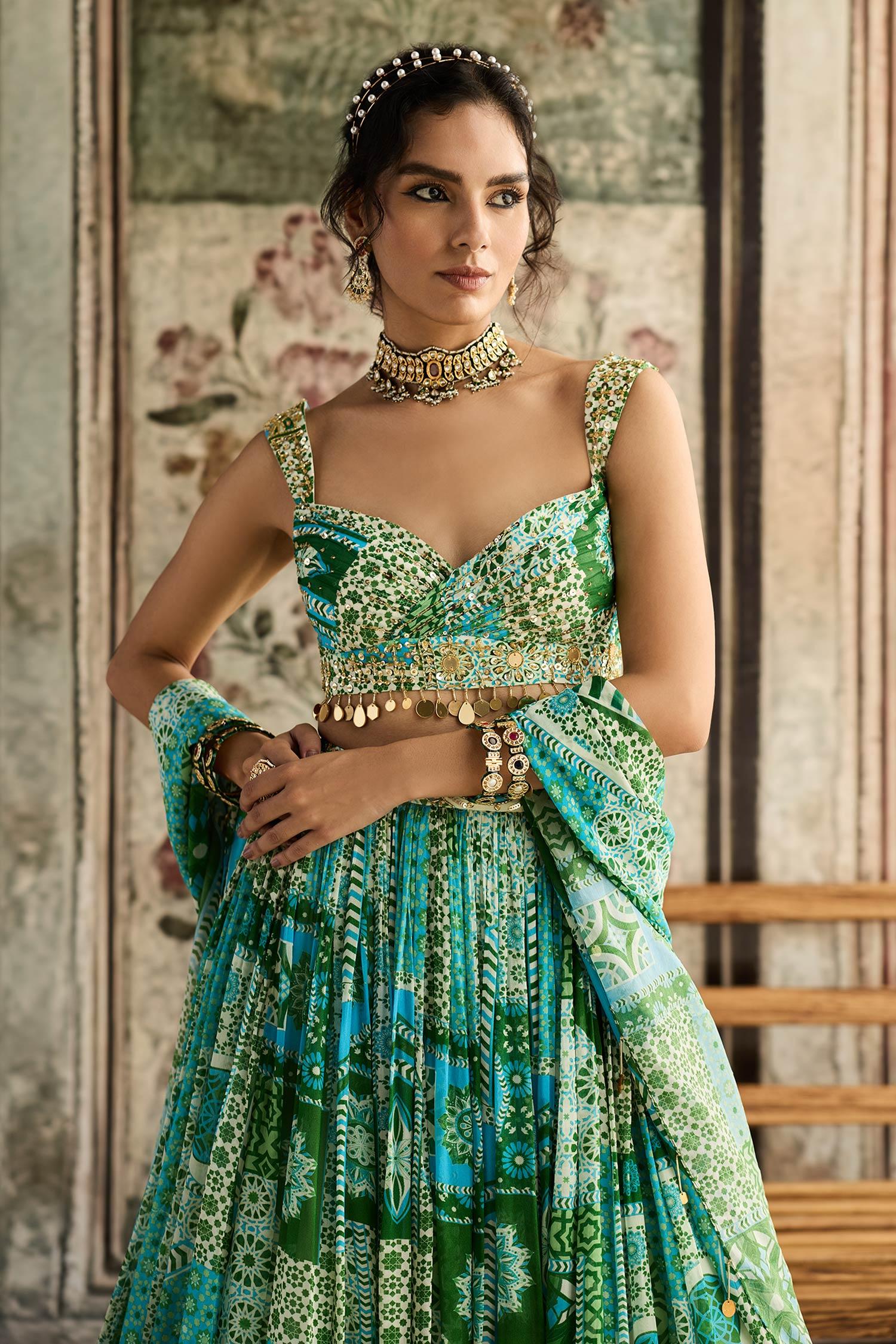 Blue Crepe, Georgette Sequins, Embroidery Aqua And Green Printed Lehenga Set - Designer Kurta Set