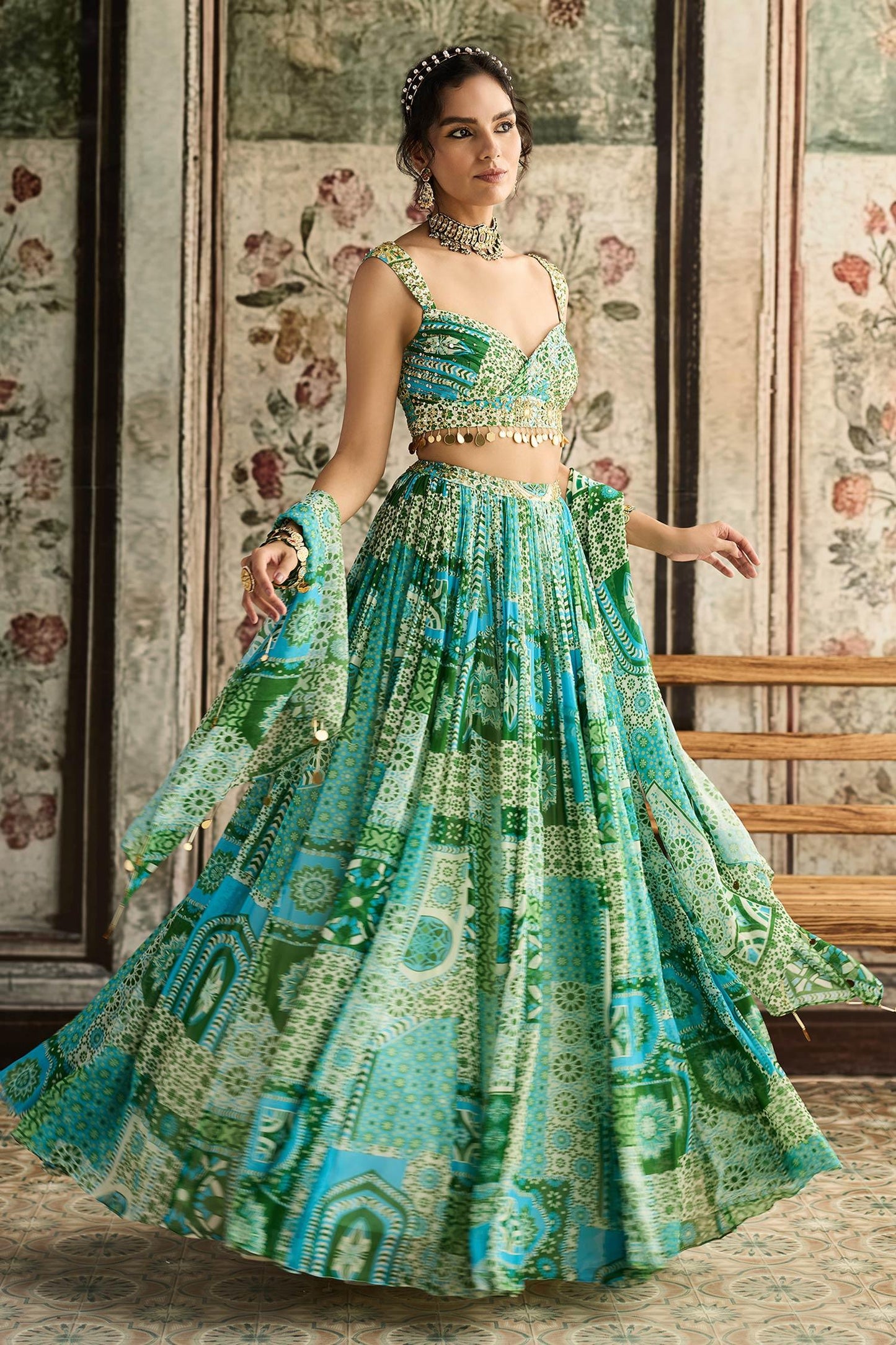 Blue Crepe, Georgette Sequins, Embroidery Aqua And Green Printed Lehenga Set - Designer Kurta Set