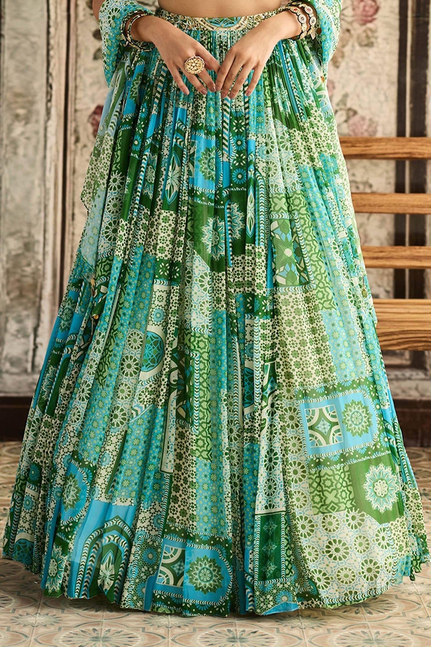 Blue Crepe, Georgette Sequins, Embroidery Aqua And Green Printed Lehenga Set - Designer Kurta Set
