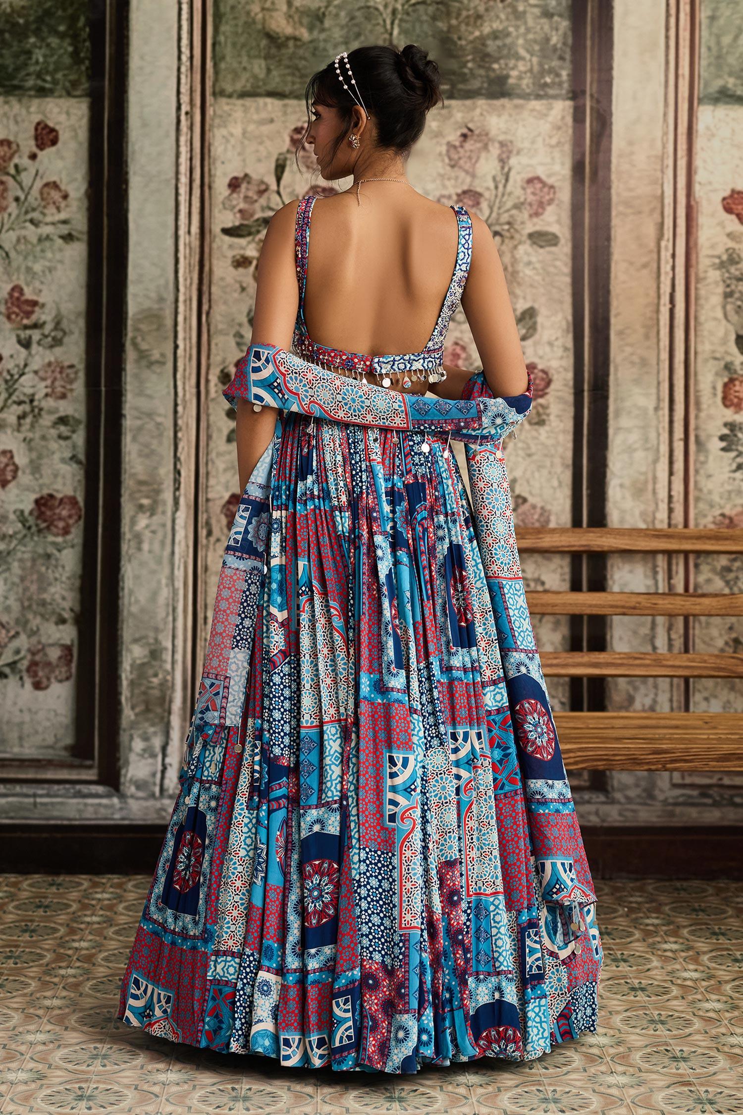 Blue Crepe, Georgette Tassels Square Neck Teal Printed Lehenga Set - Designer Kurta Set