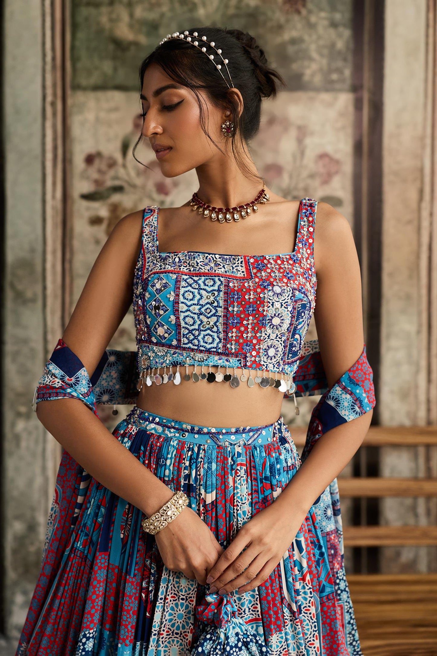 Blue Crepe, Georgette Tassels Square Neck Teal Printed Lehenga Set - Designer Kurta Set