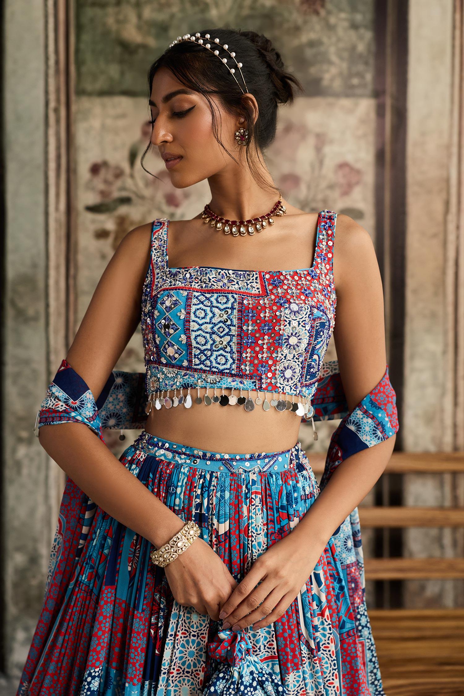 Blue Crepe, Georgette Tassels Square Neck Teal Printed Lehenga Set - Designer Kurta Set