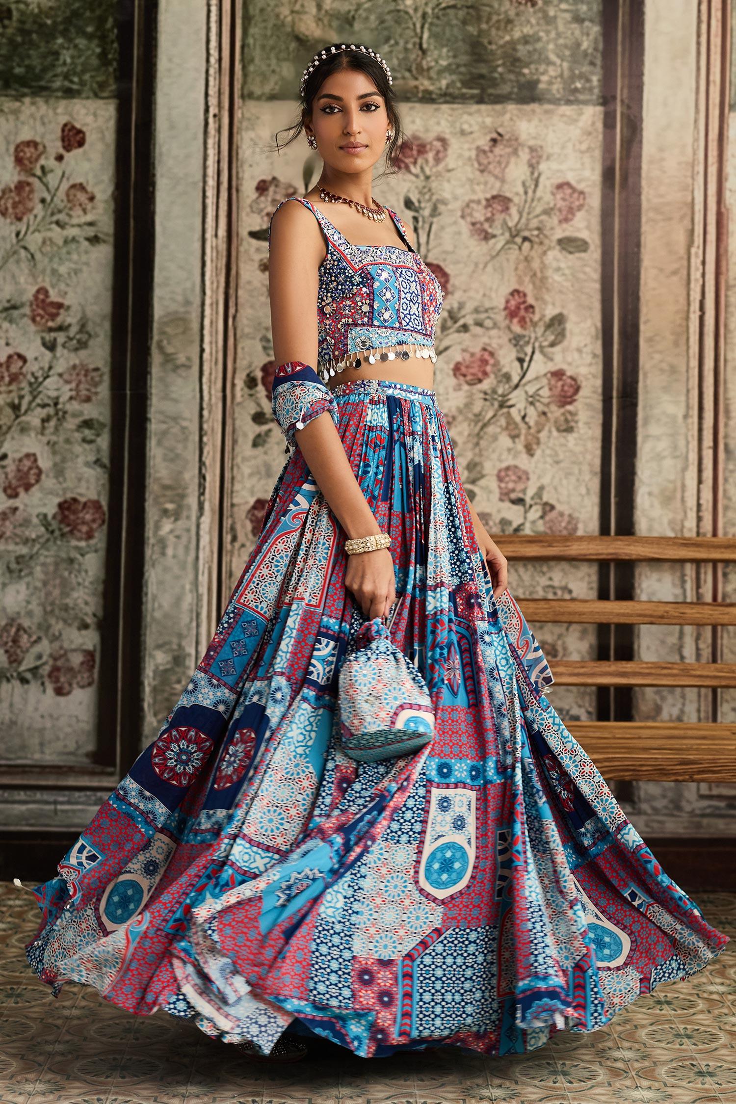 Blue Crepe, Georgette Tassels Square Neck Teal Printed Lehenga Set - Designer Kurta Set