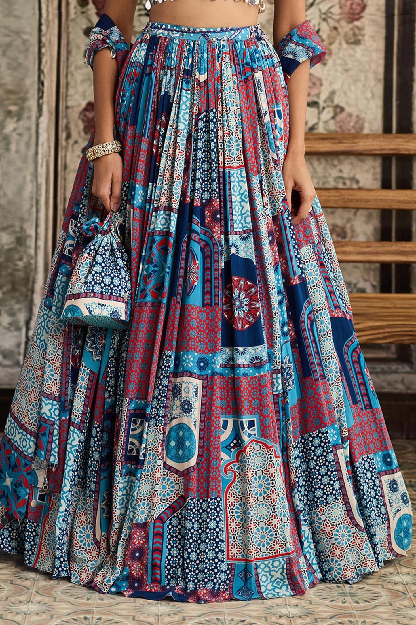 Blue Crepe, Georgette Tassels Square Neck Teal Printed Lehenga Set - Designer Kurta Set