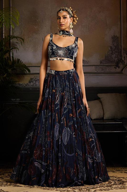 Blue Georgette, Lining Shantoon Mirror, Print Lehenga Tasselled Blouse Set - Designer Kurta Set