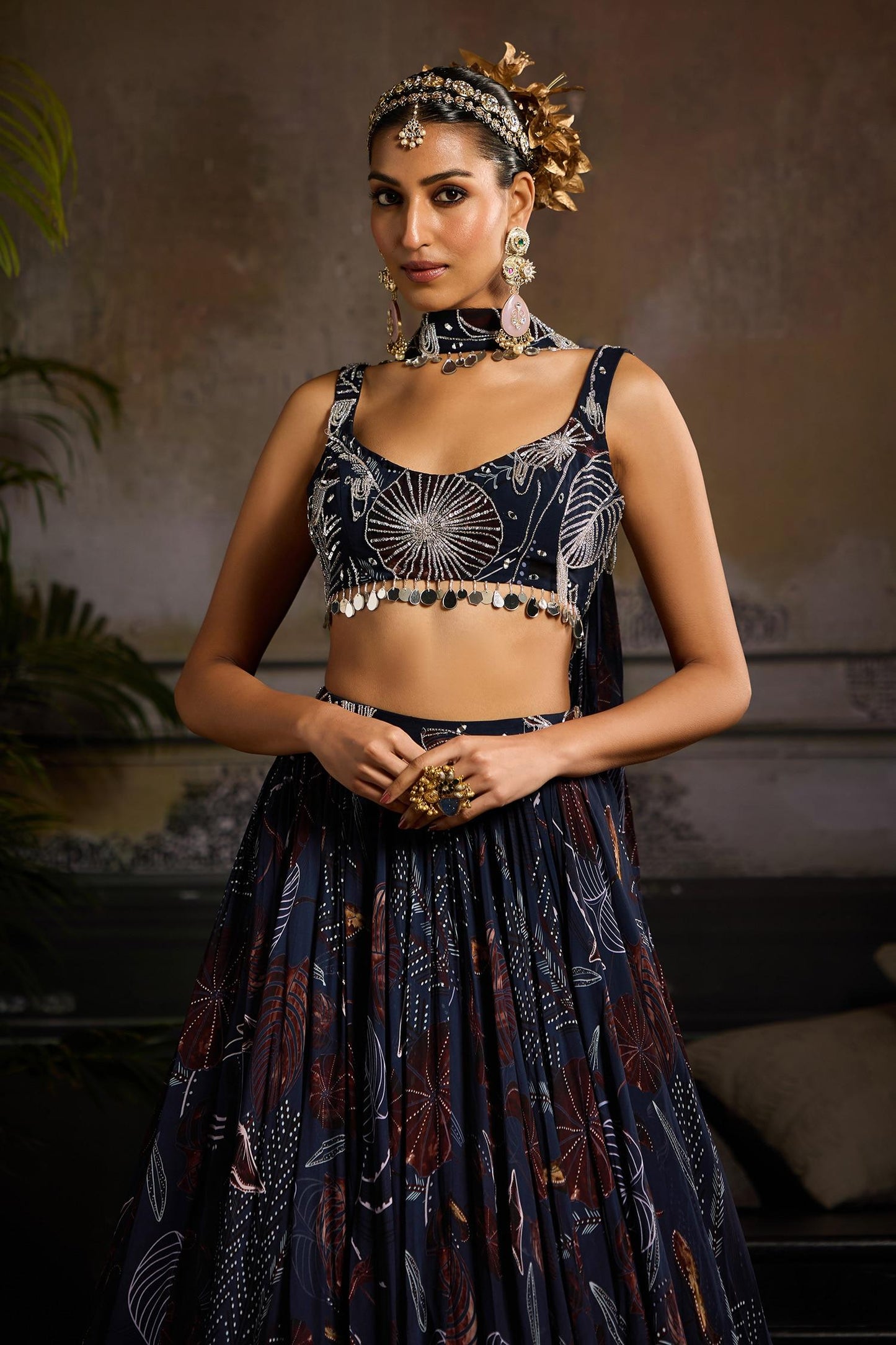 Blue Georgette, Lining Shantoon Mirror, Print Lehenga Tasselled Blouse Set - Designer Kurta Set