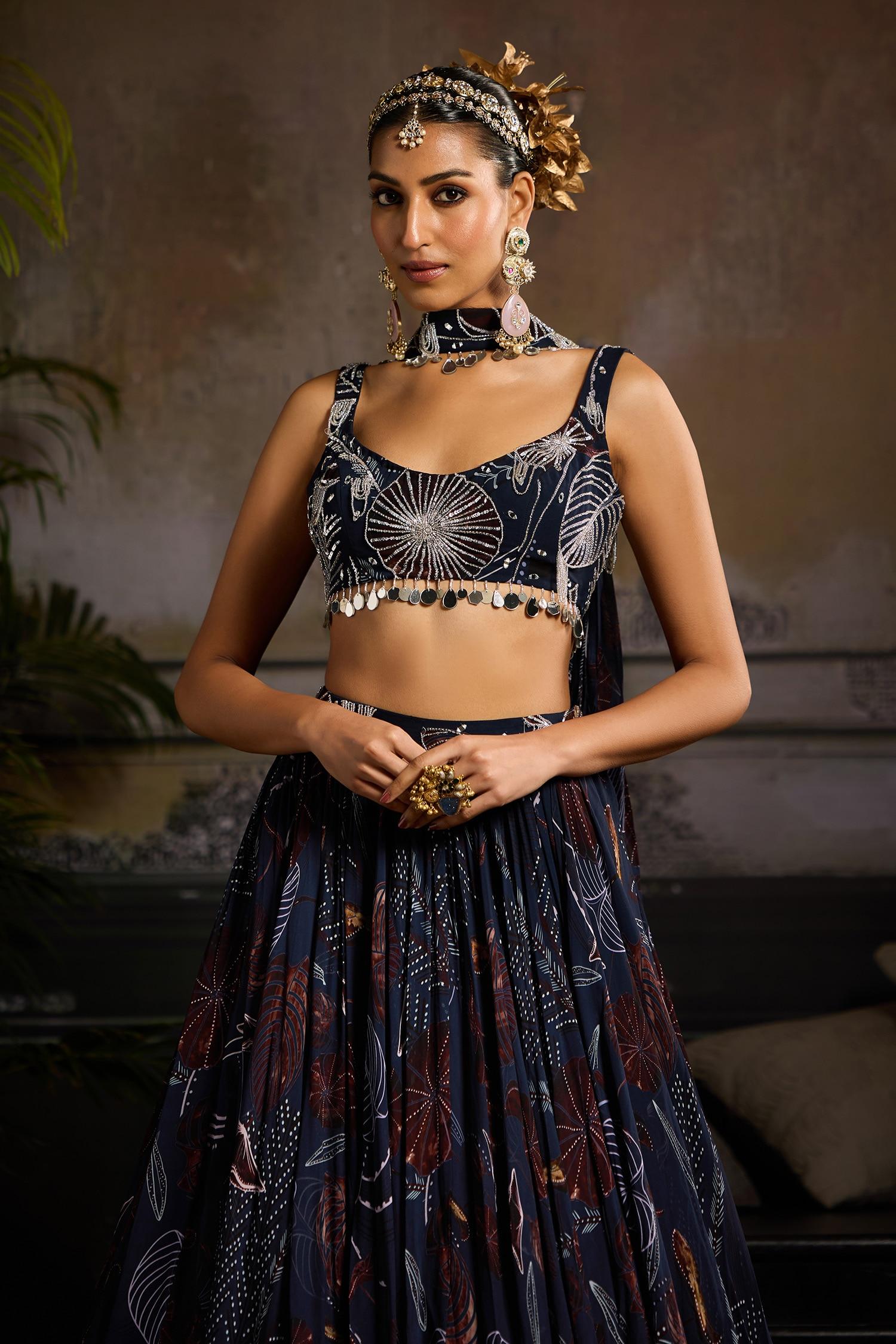 Blue Georgette, Lining Shantoon Mirror, Print Lehenga Tasselled Blouse Set - Designer Kurta Set