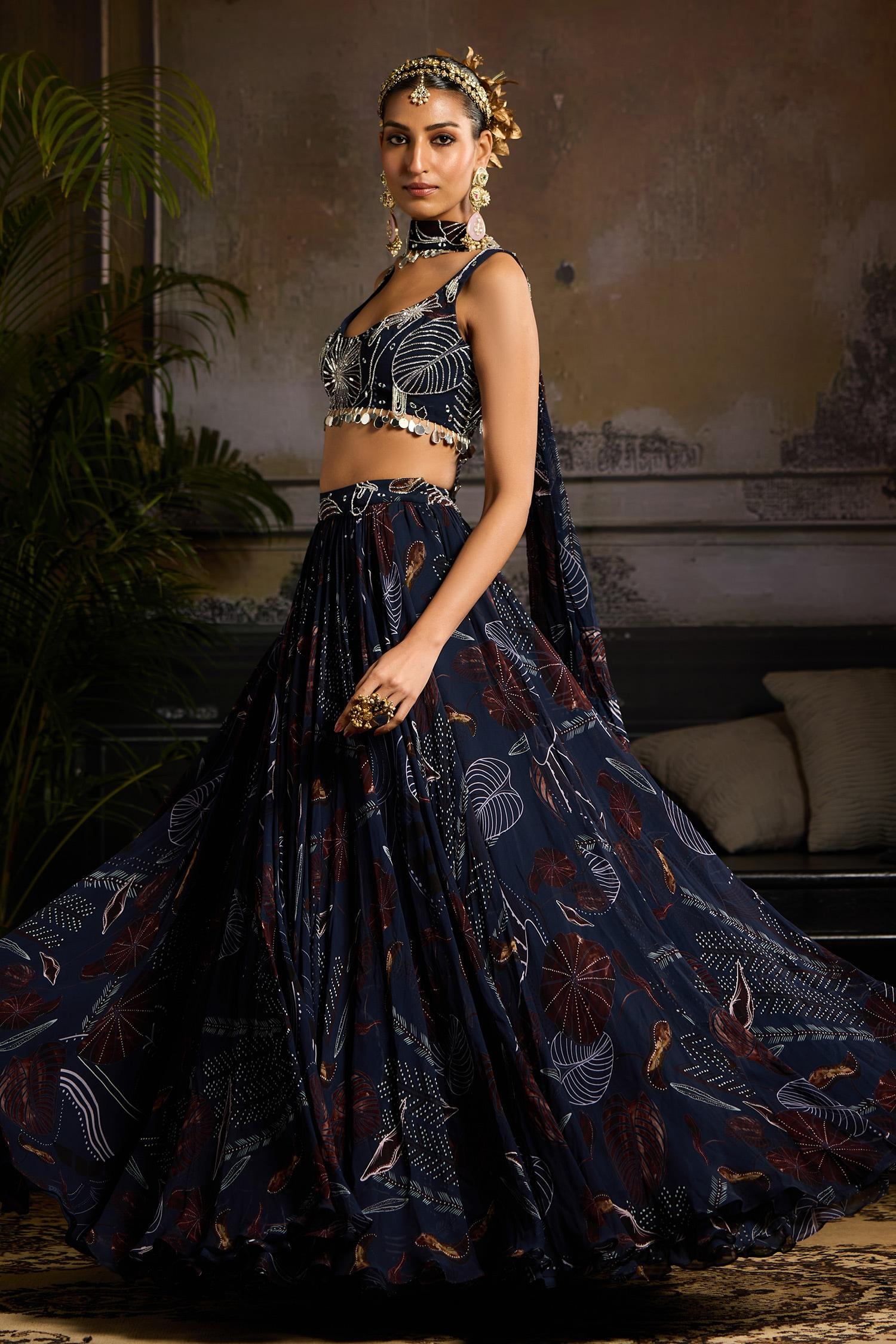Blue Georgette, Lining Shantoon Mirror, Print Lehenga Tasselled Blouse Set - Designer Kurta Set