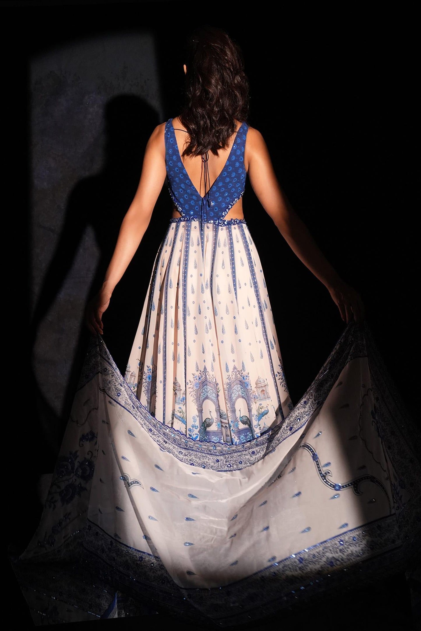 Blue Georgette, Net Embroidery V-neck Anarkali Set - Designer Kurta Set