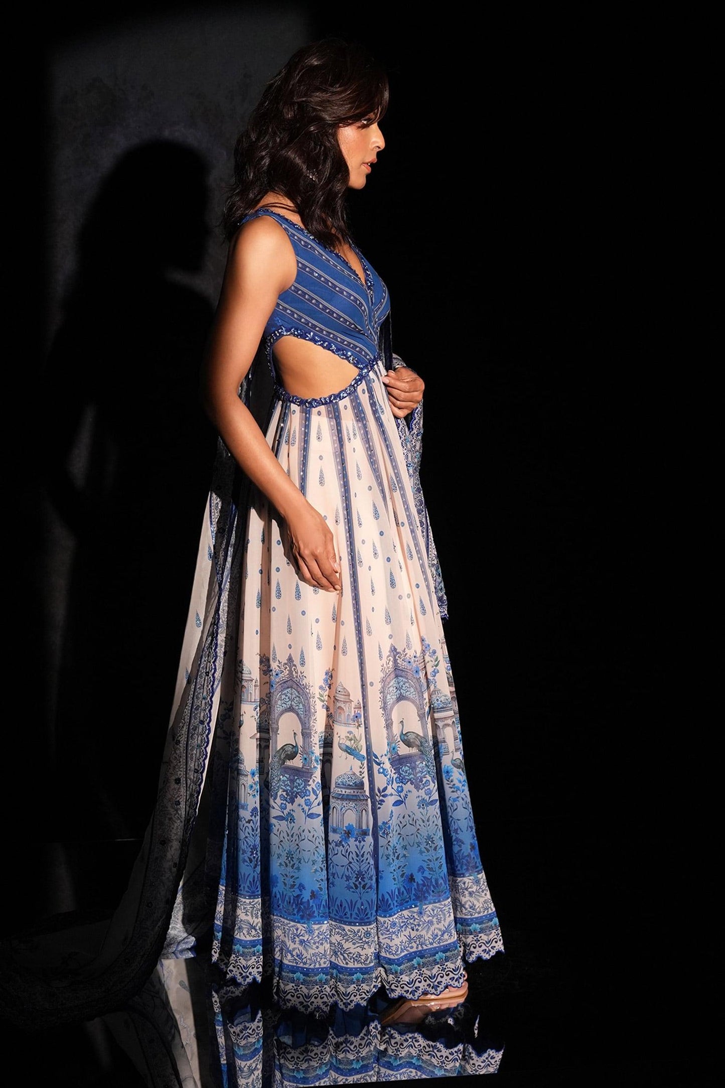 Blue Georgette, Net Embroidery V-neck Anarkali Set - Designer Kurta Set