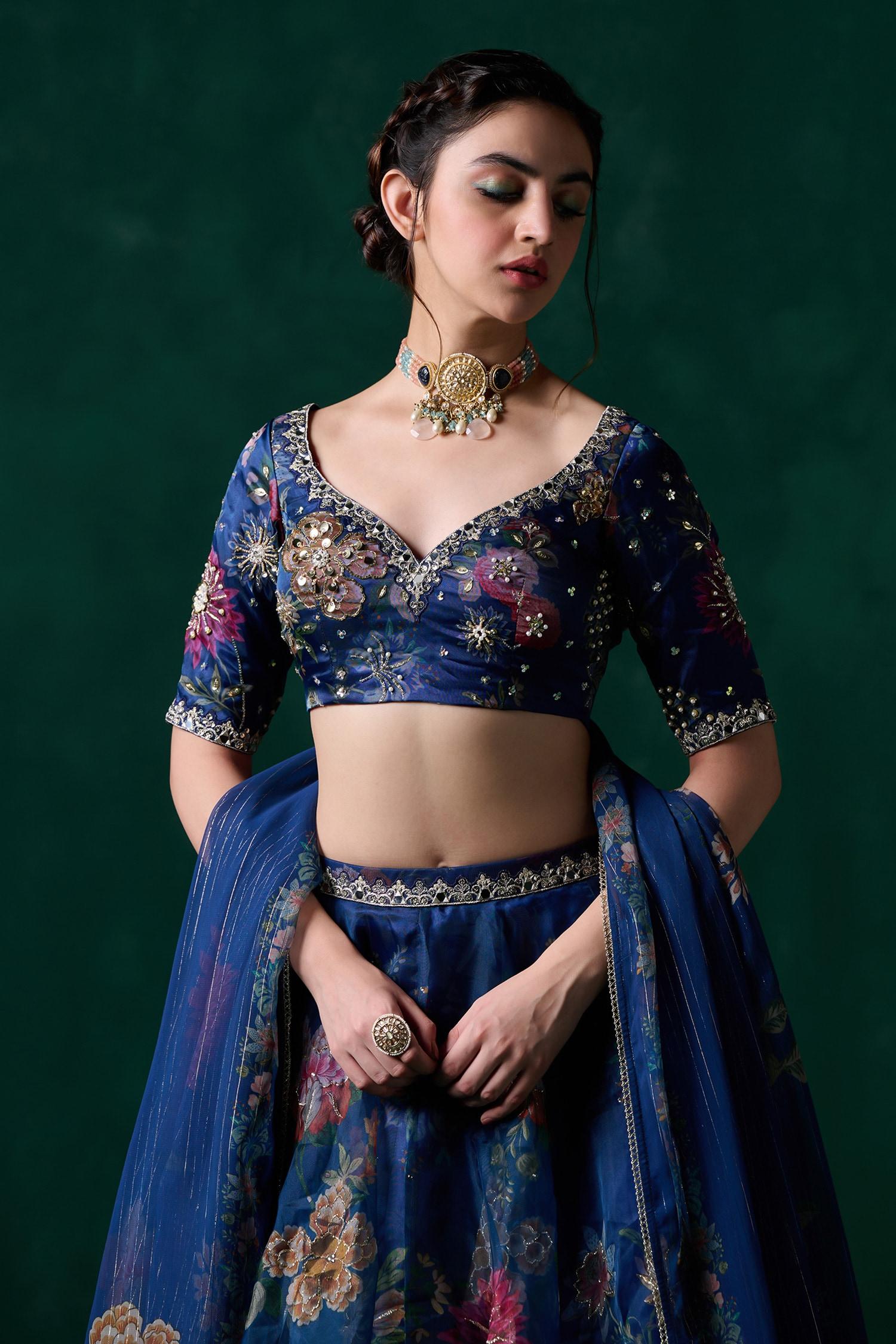 Blue Georgette Sequins, Stones, Floral Embroidered Blouse And Lehenga Set - Designer Kurta Set