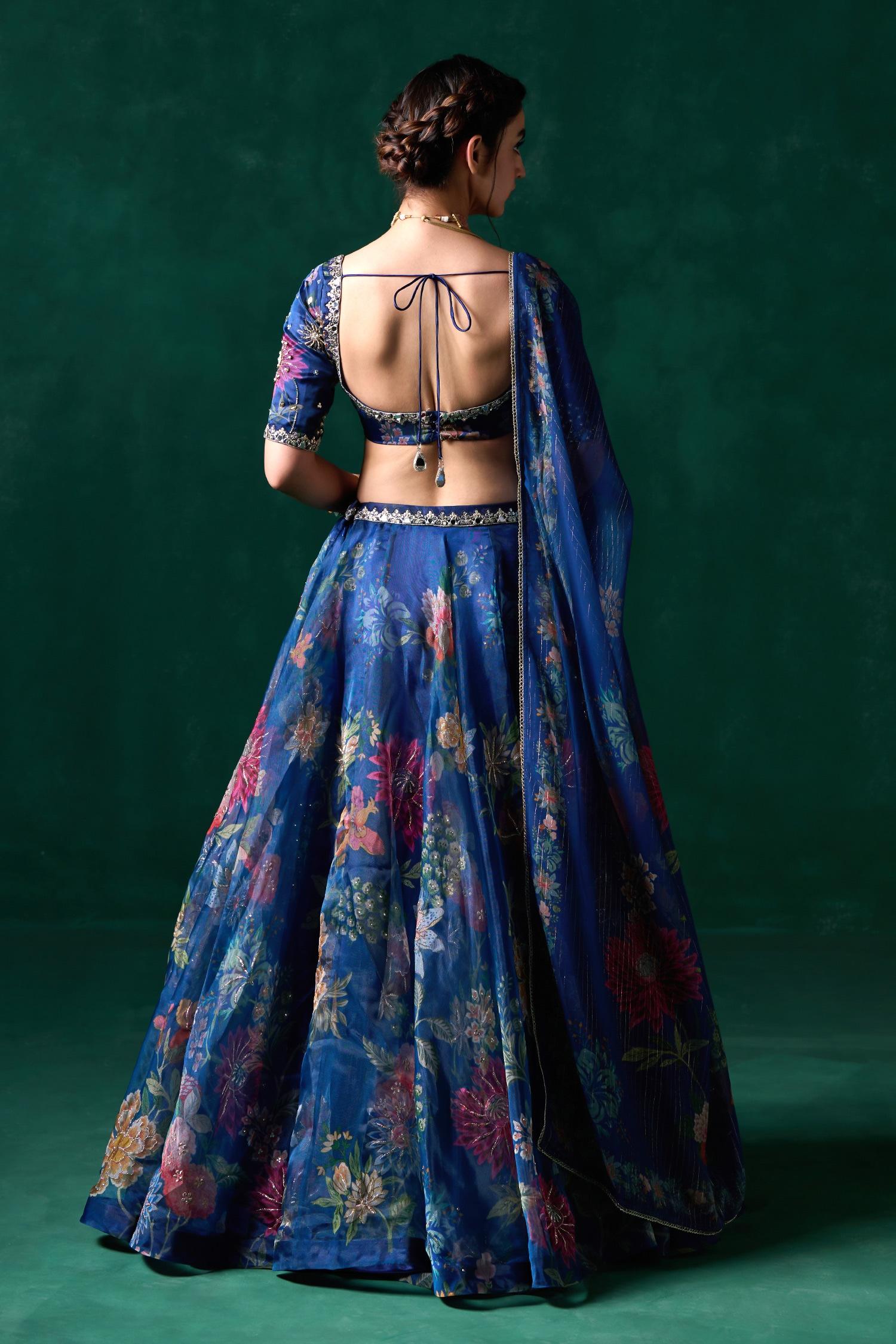Blue Georgette Sequins, Stones, Floral Embroidered Blouse And Lehenga Set - Designer Kurta Set
