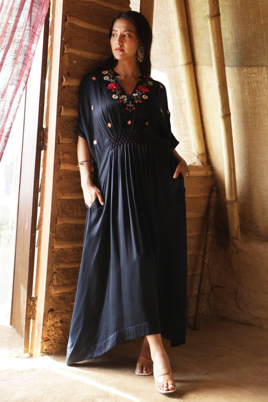 Blue Modal, Satin Embroidery V-neck Smocked Kaftan Dress - Designer Kurta Set