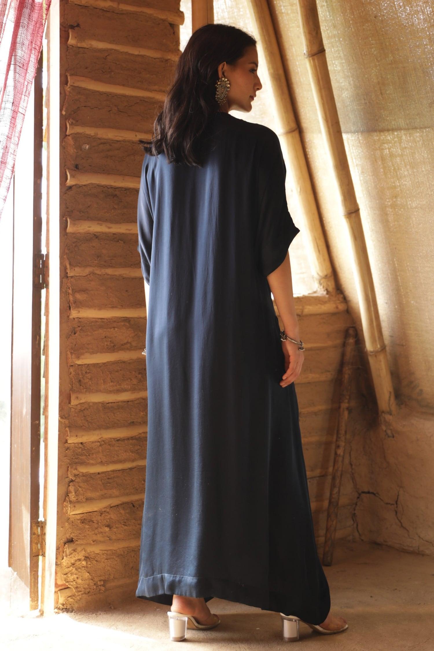 Blue Modal, Satin Embroidery V-neck Smocked Kaftan Dress - Designer Kurta Set