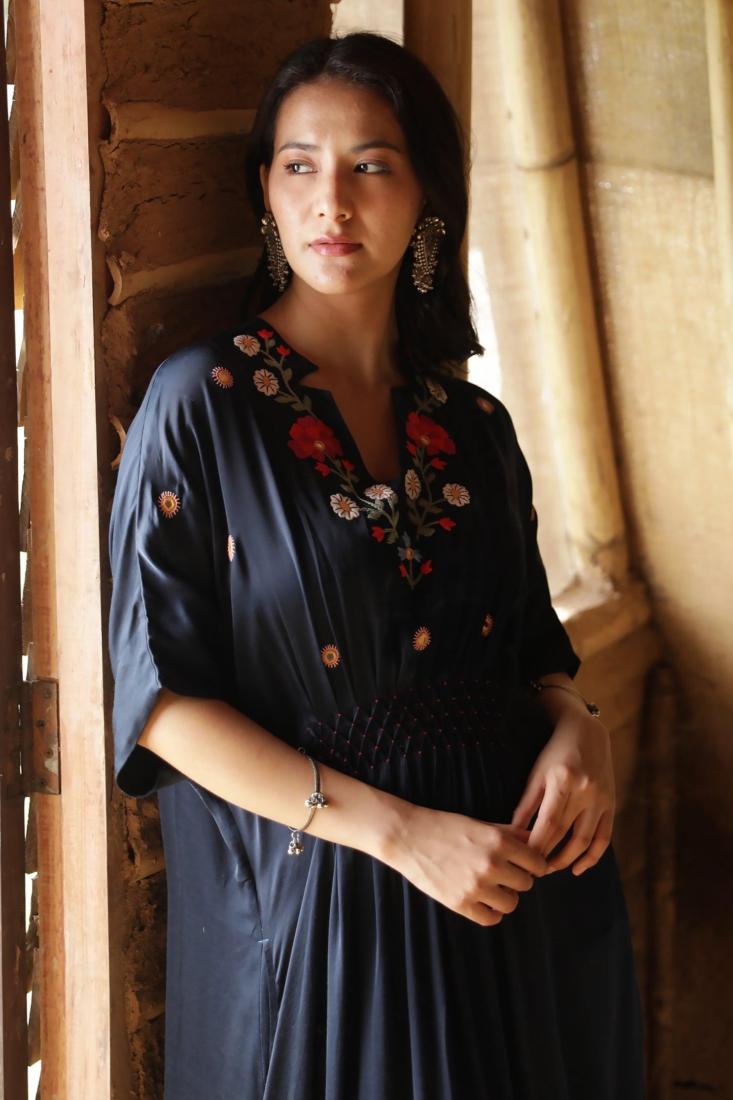Blue Modal, Satin Embroidery V-neck Smocked Kaftan Dress - Designer Kurta Set