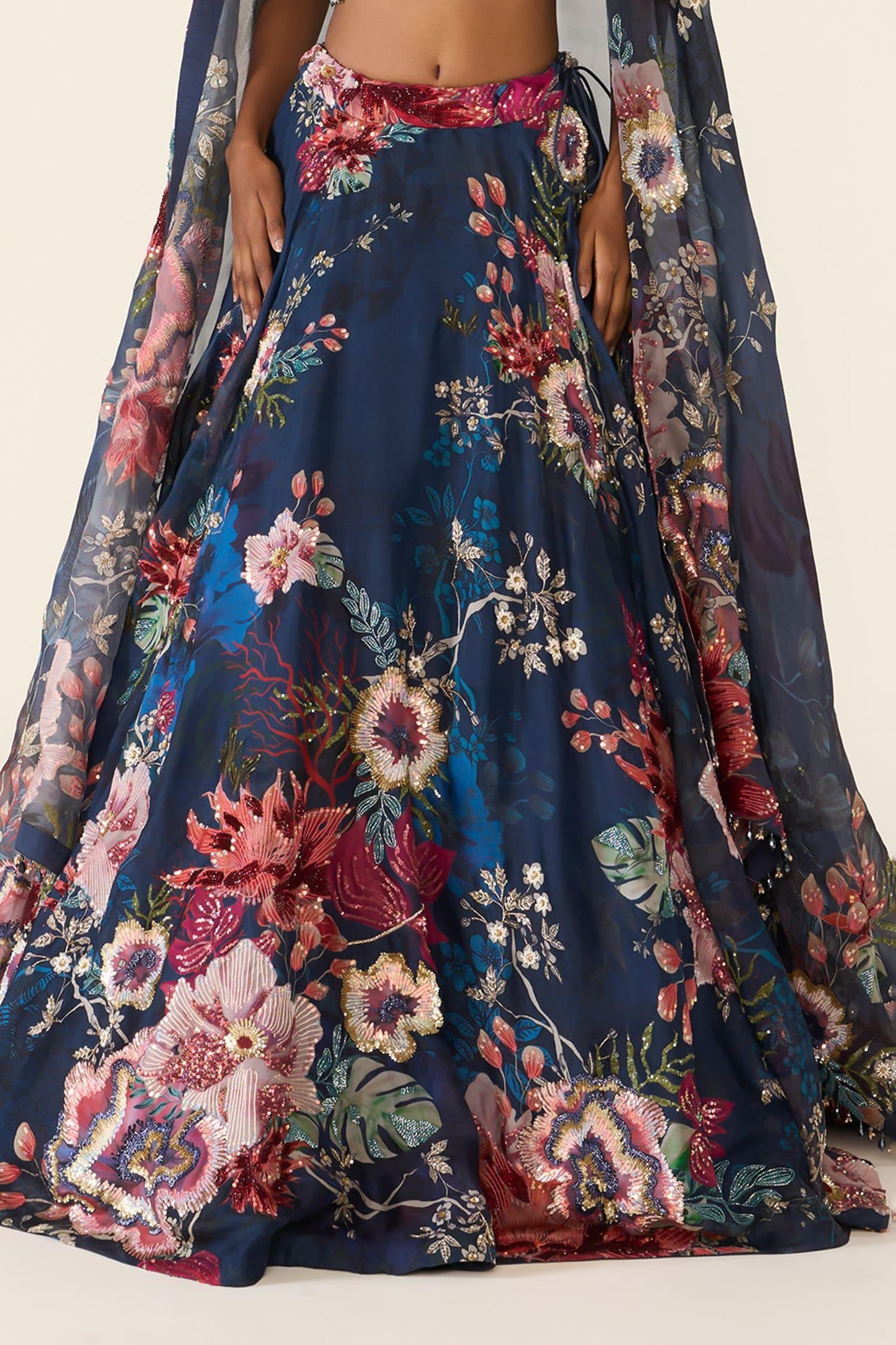Blue Organza Sequins, Cut Work, Embroidery V-neck And Bead Printed Lehenga Set - Designer Kurta Set