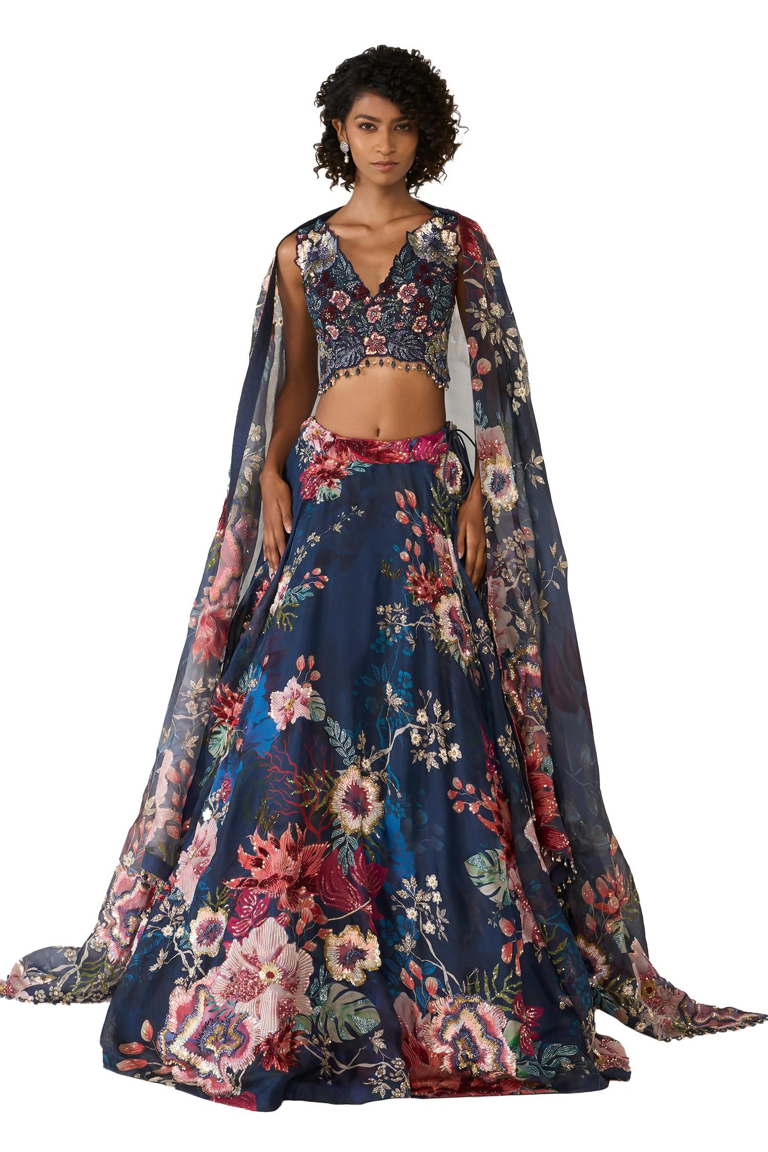 Blue Organza Sequins, Cut Work, Embroidery V-neck And Bead Printed Lehenga Set - Designer Kurta Set