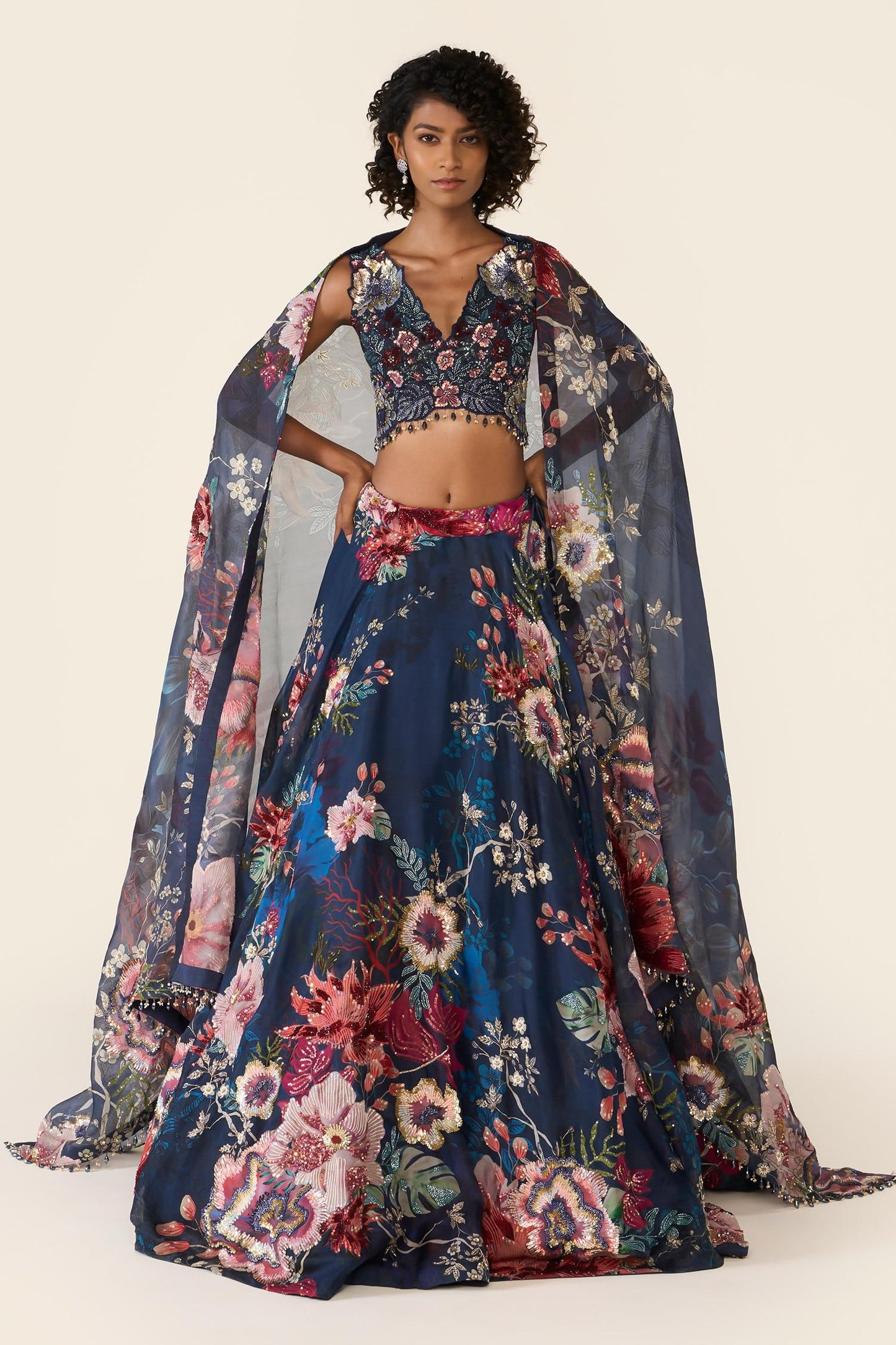Blue Organza Sequins, Cut Work, Embroidery V-neck And Bead Printed Lehenga Set - Designer Kurta Set