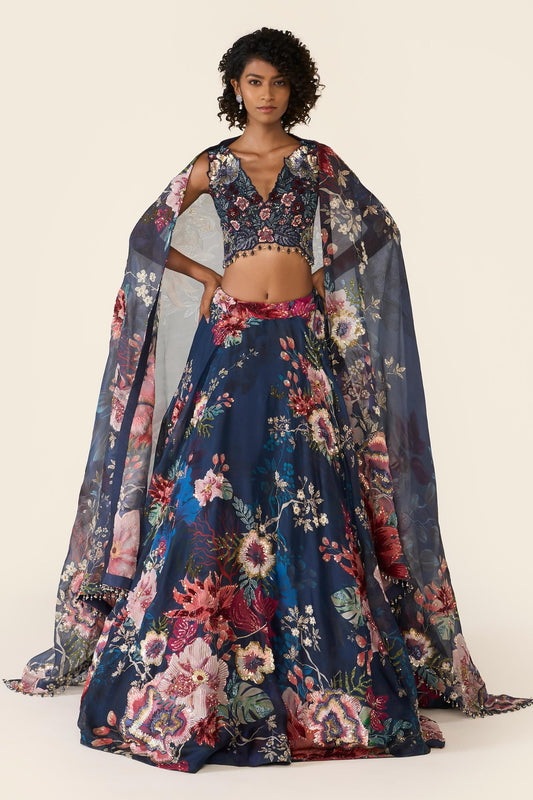 Blue Organza Sequins, Cut Work, Embroidery V-neck And Bead Printed Lehenga Set - Designer Kurta Set