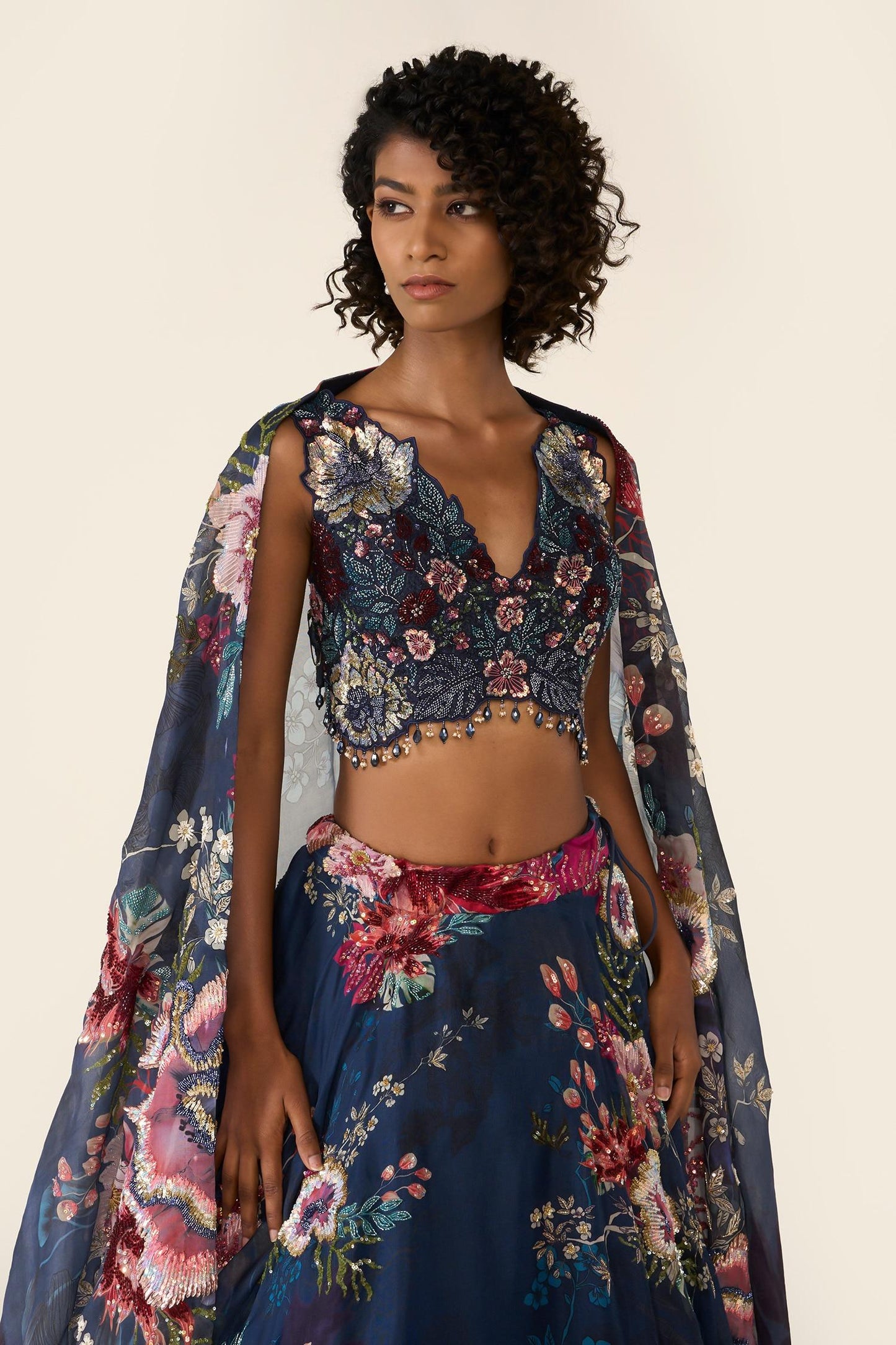 Blue Organza Sequins, Cut Work, Embroidery V-neck And Bead Printed Lehenga Set - Designer Kurta Set