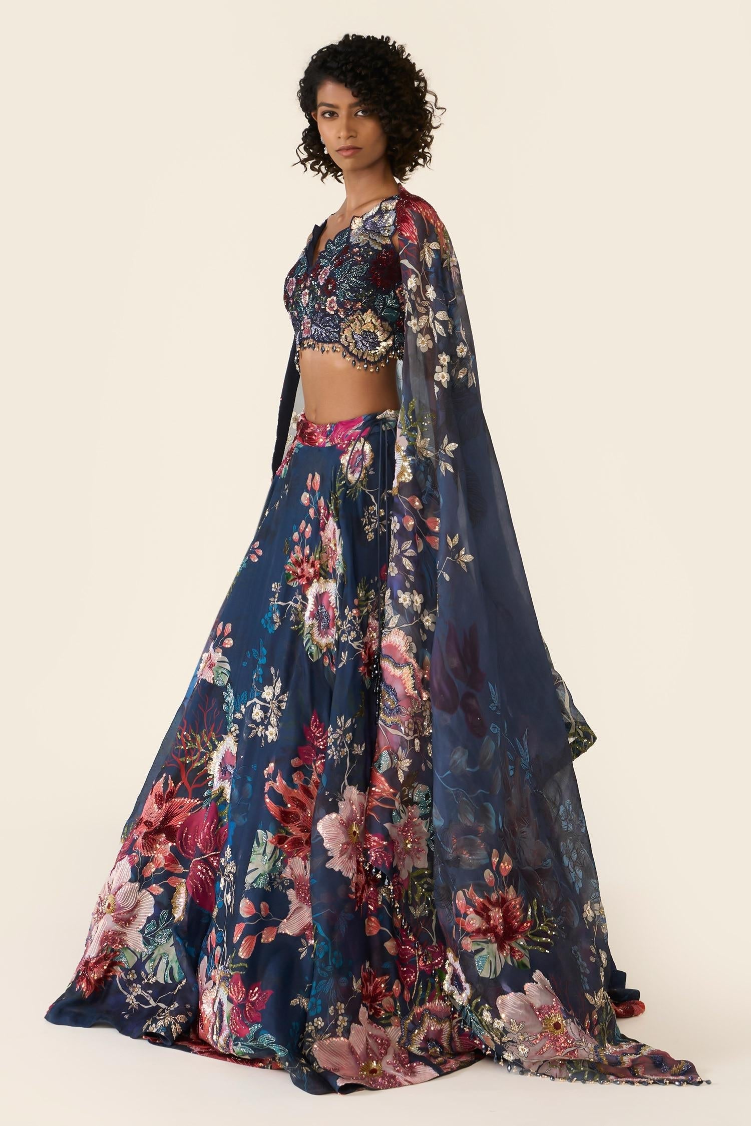 Blue Organza Sequins, Cut Work, Embroidery V-neck And Bead Printed Lehenga Set - Designer Kurta Set