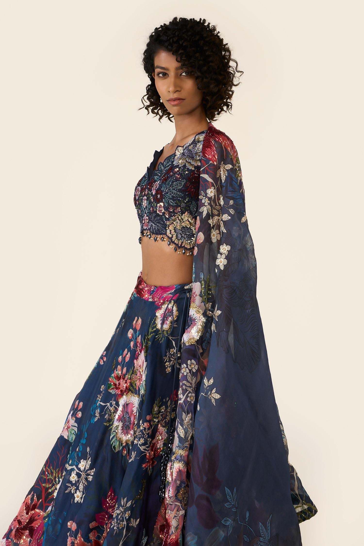 Blue Organza Sequins, Cut Work, Embroidery V-neck And Bead Printed Lehenga Set - Designer Kurta Set