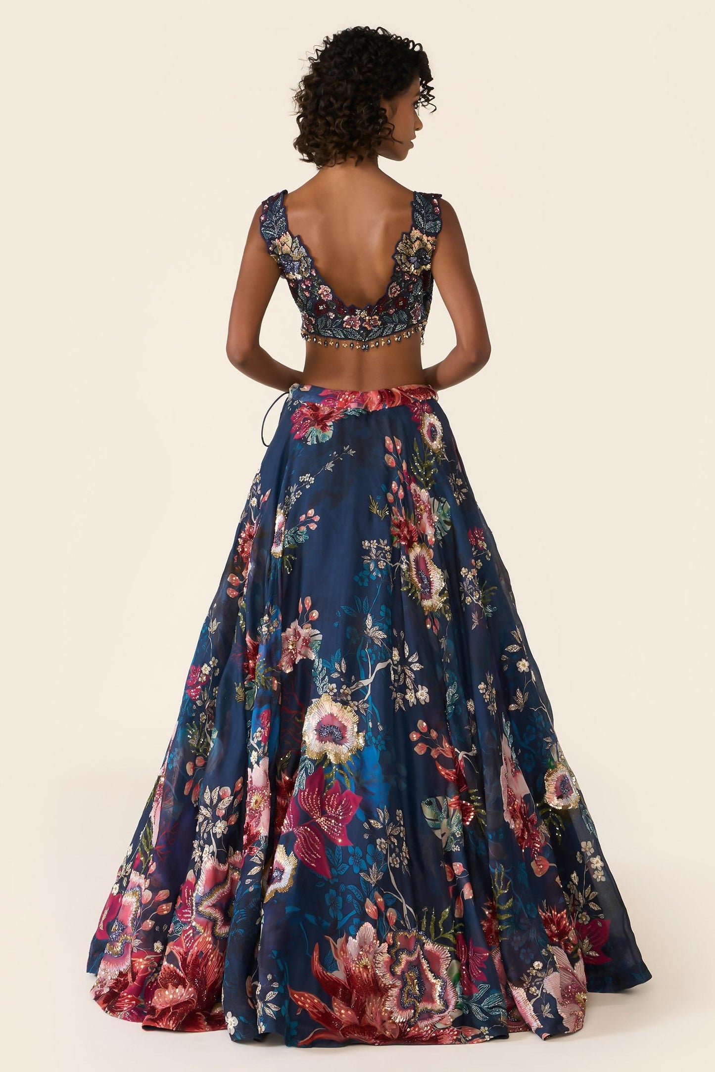 Blue Organza Sequins, Cut Work, Embroidery V-neck And Bead Printed Lehenga Set - Designer Kurta Set