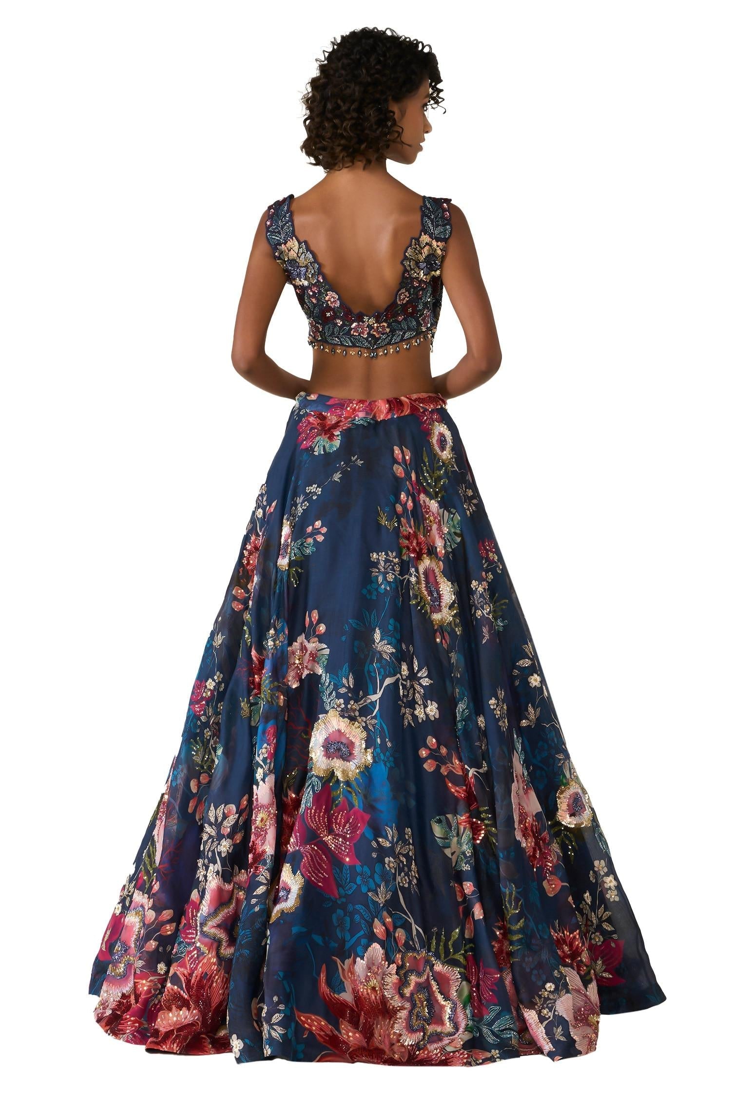 Blue Organza Sequins, Cut Work, Embroidery V-neck And Bead Printed Lehenga Set - Designer Kurta Set