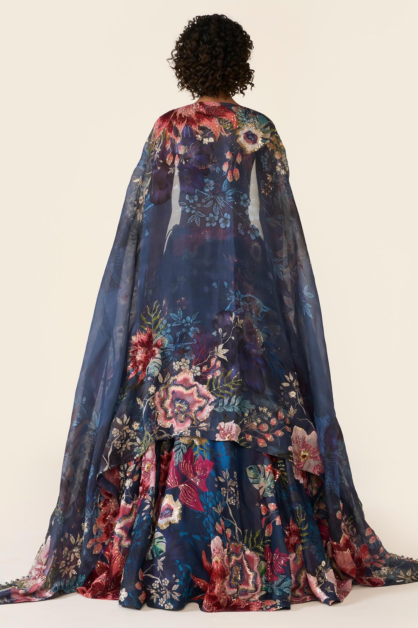 Blue Organza Sequins, Cut Work, Embroidery V-neck And Bead Printed Lehenga Set - Designer Kurta Set