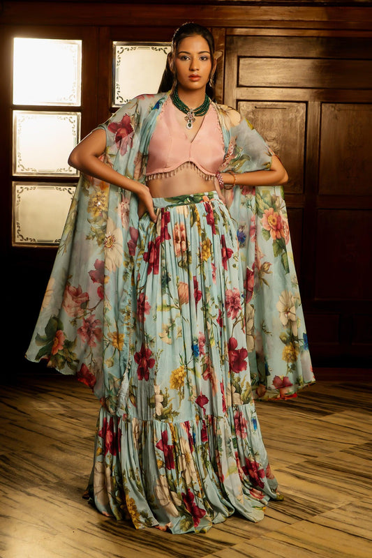 Blue Organza, Silk, Tissue Embroidery, Beads V-neck, Round Floral Lehenga Set - Designer Kurta Set