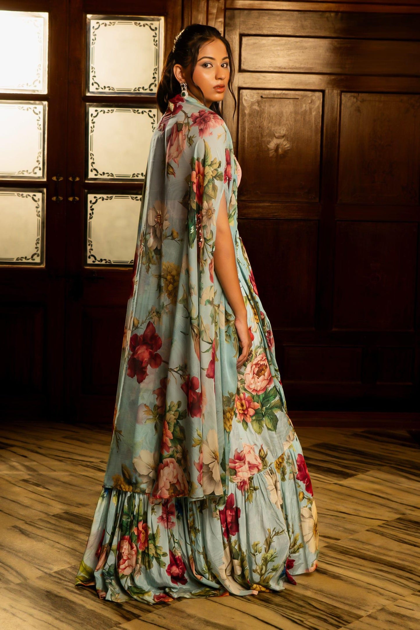 Blue Organza, Silk, Tissue Embroidery, Beads V-neck, Round Floral Lehenga Set - Designer Kurta Set