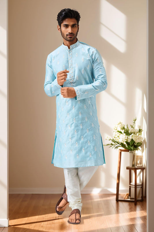 Kurta Set Blue Polyester Chanderi Embroidery Floral Thread