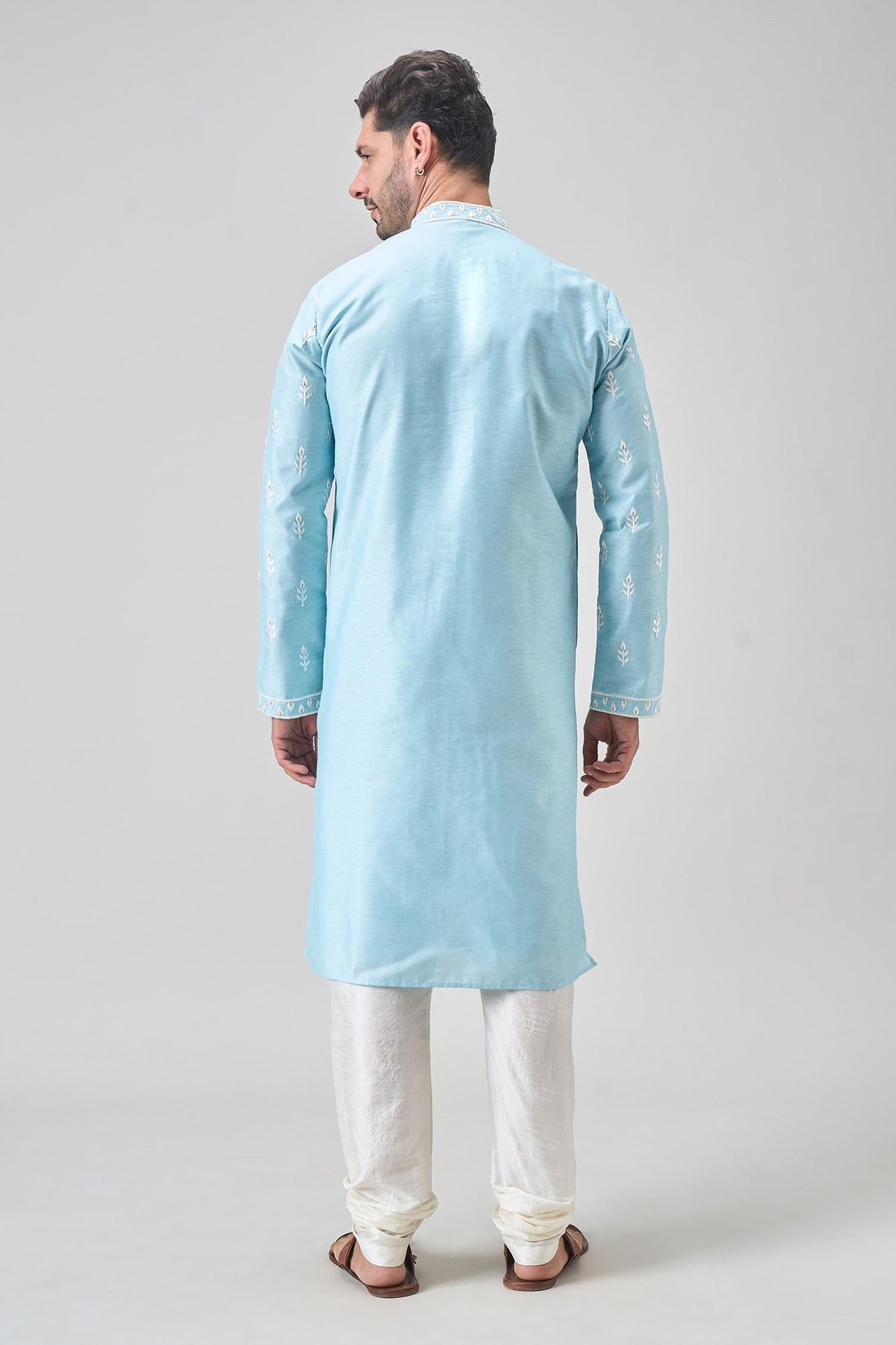 Kurta Set Blue Polyester Chanderi Embroidery Floral Thread