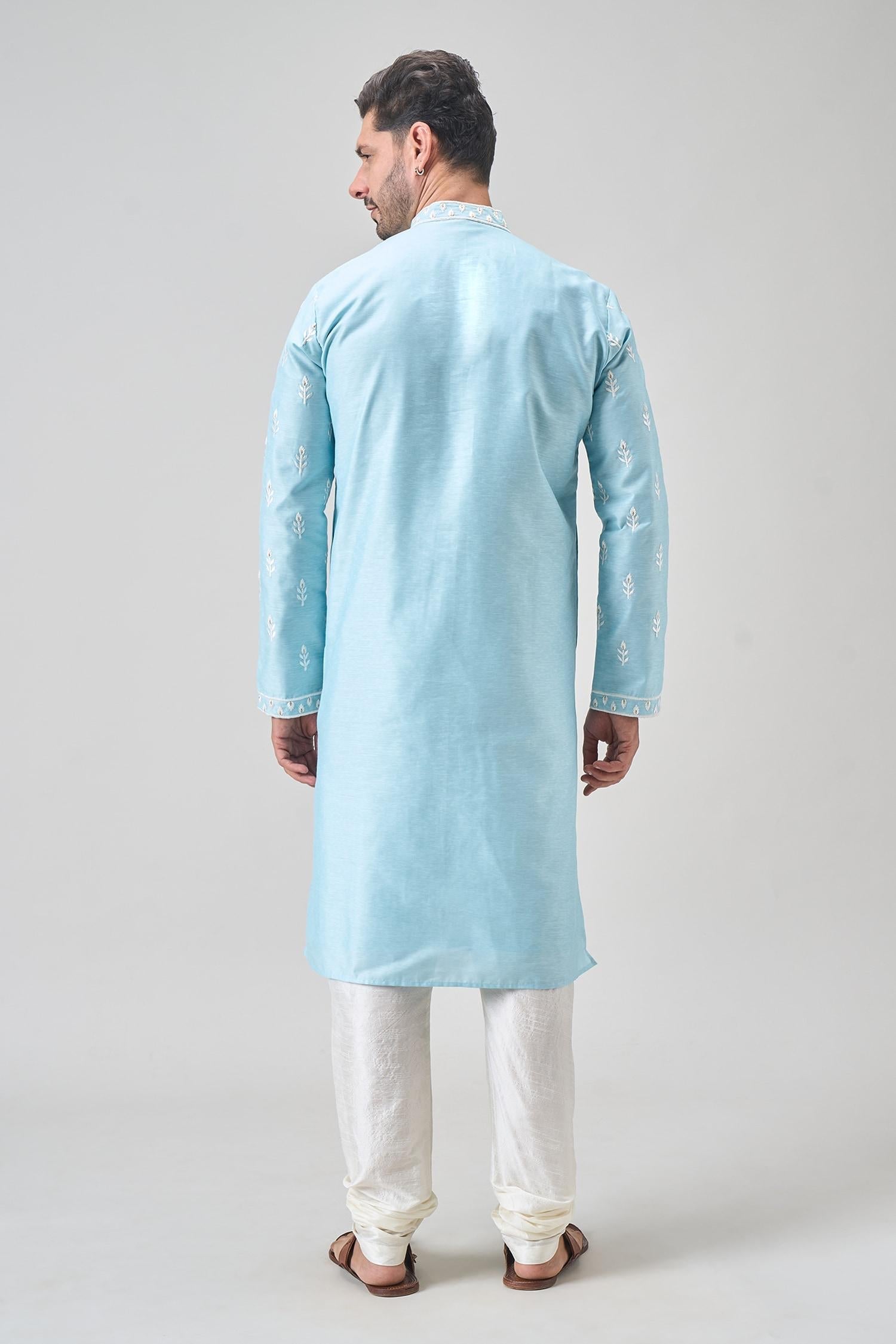Kurta Set Blue Polyester Chanderi Embroidery Floral Thread
