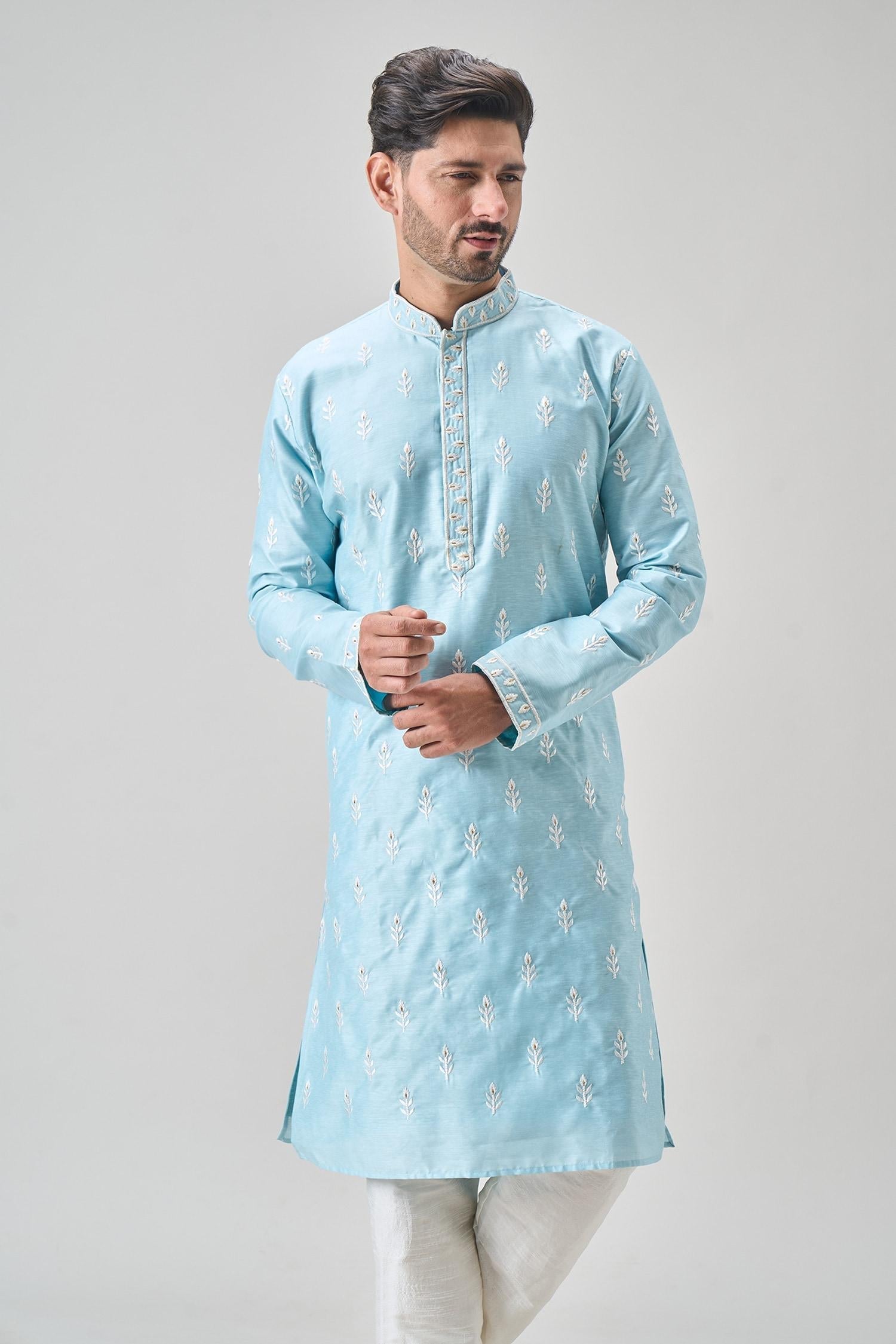 Kurta Set Blue Polyester Chanderi Embroidery Floral Thread