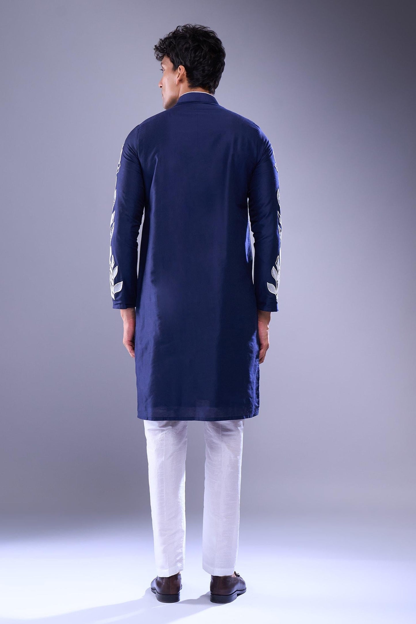 Kurta Set Blue Polyester Silk Embroidery Floral Vine