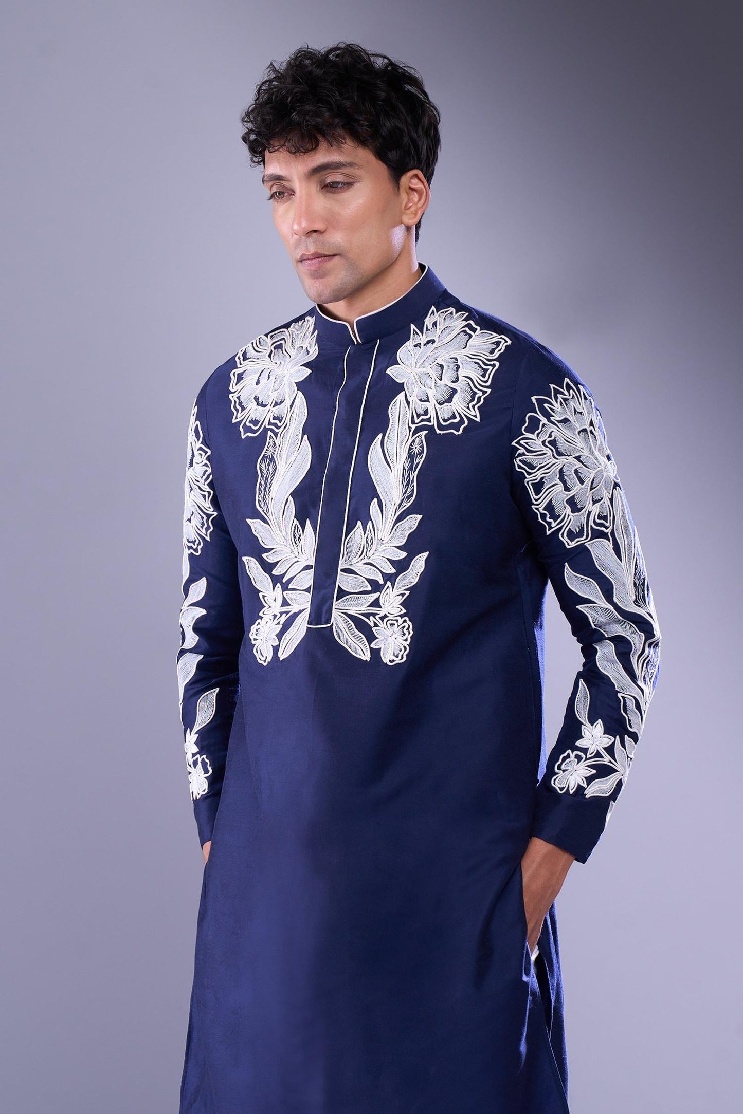 Kurta Set Blue Polyester Silk Embroidery Floral Vine