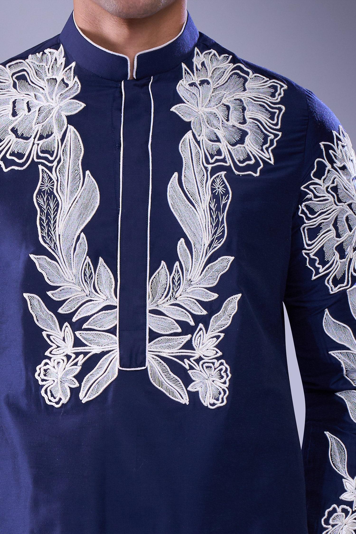 Kurta Set Blue Polyester Silk Embroidery Floral Vine