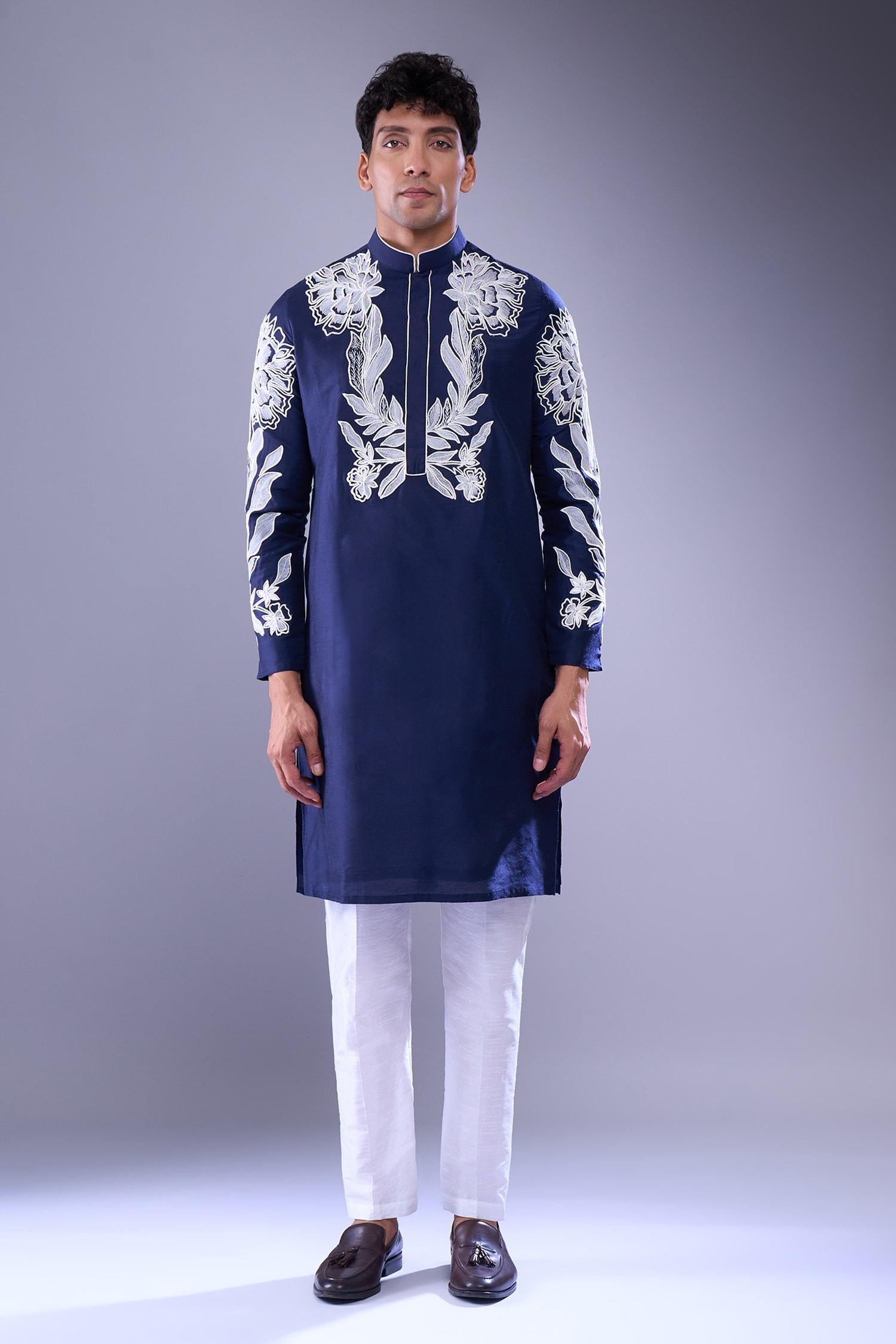 Kurta Set Blue Polyester Silk Embroidery Floral Vine