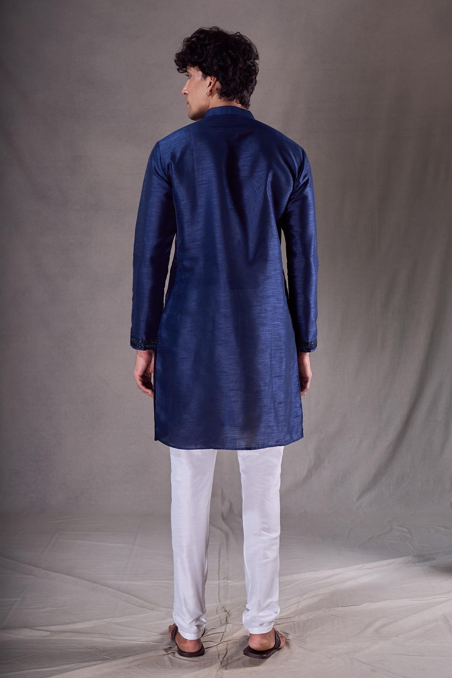 Kurta Set Blue Satin Chanderi Cut Cutdana Placement Embroidered