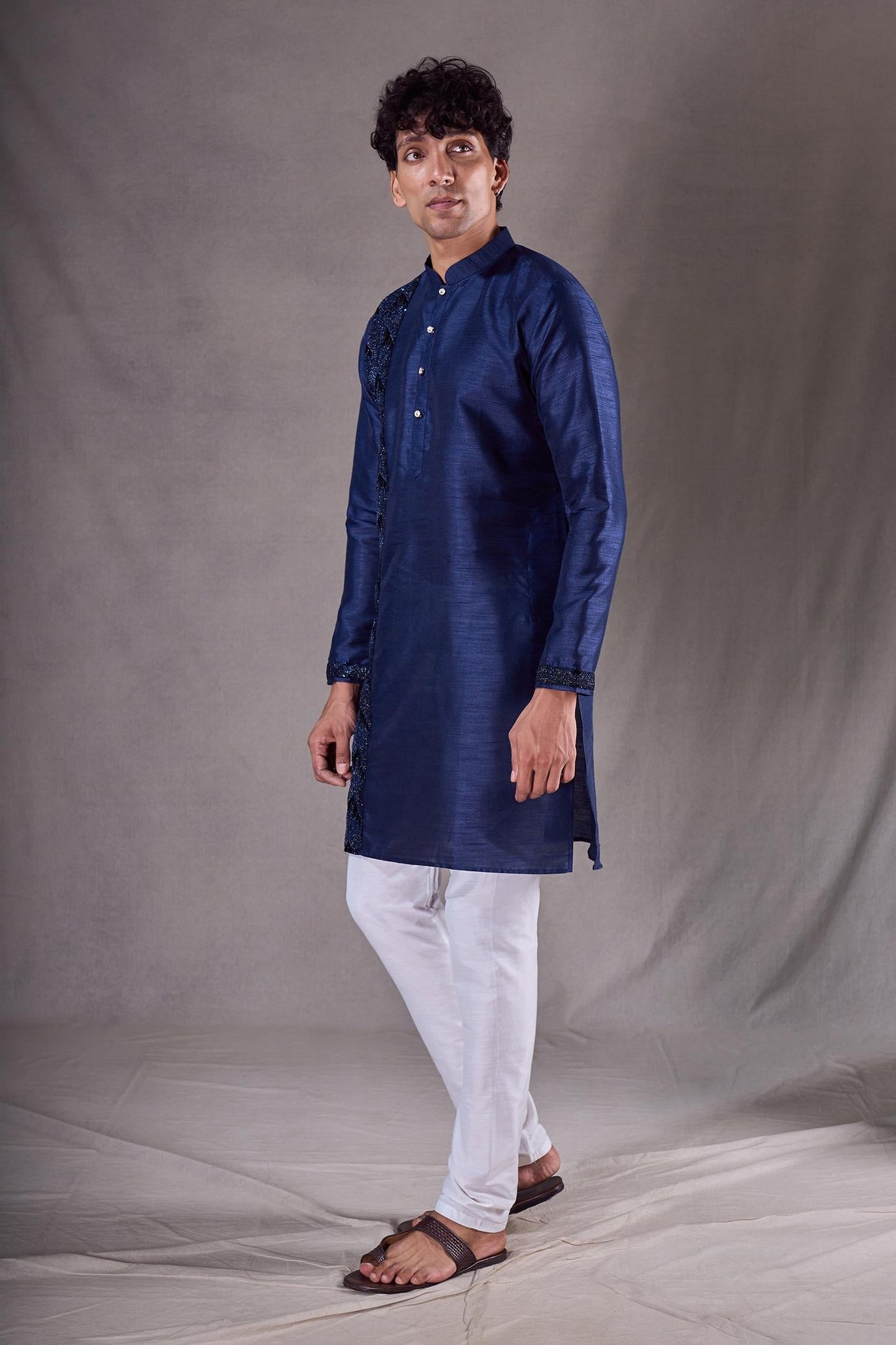 Kurta Set Blue Satin Chanderi Cut Cutdana Placement Embroidered