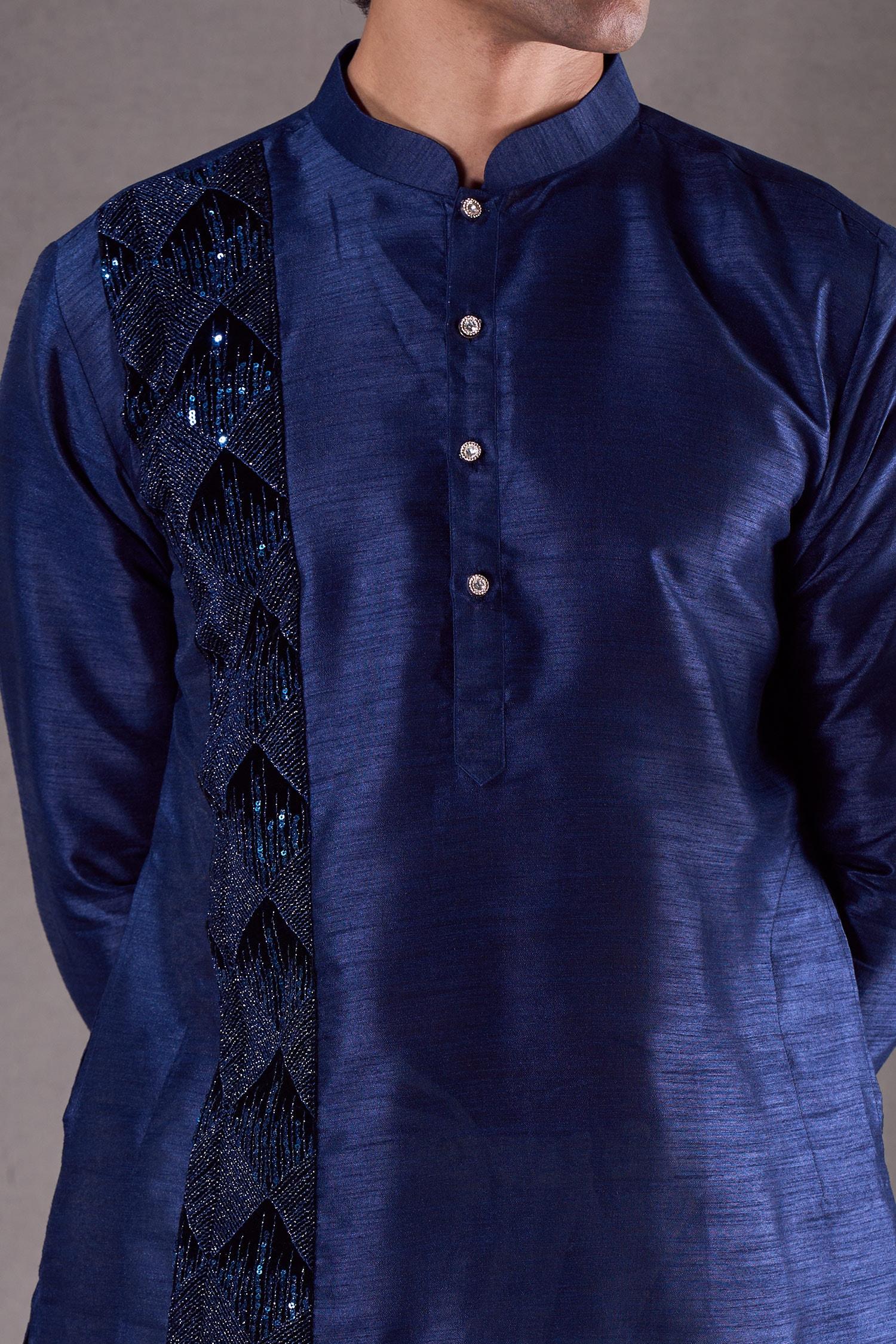 Kurta Set Blue Satin Chanderi Cut Cutdana Placement Embroidered