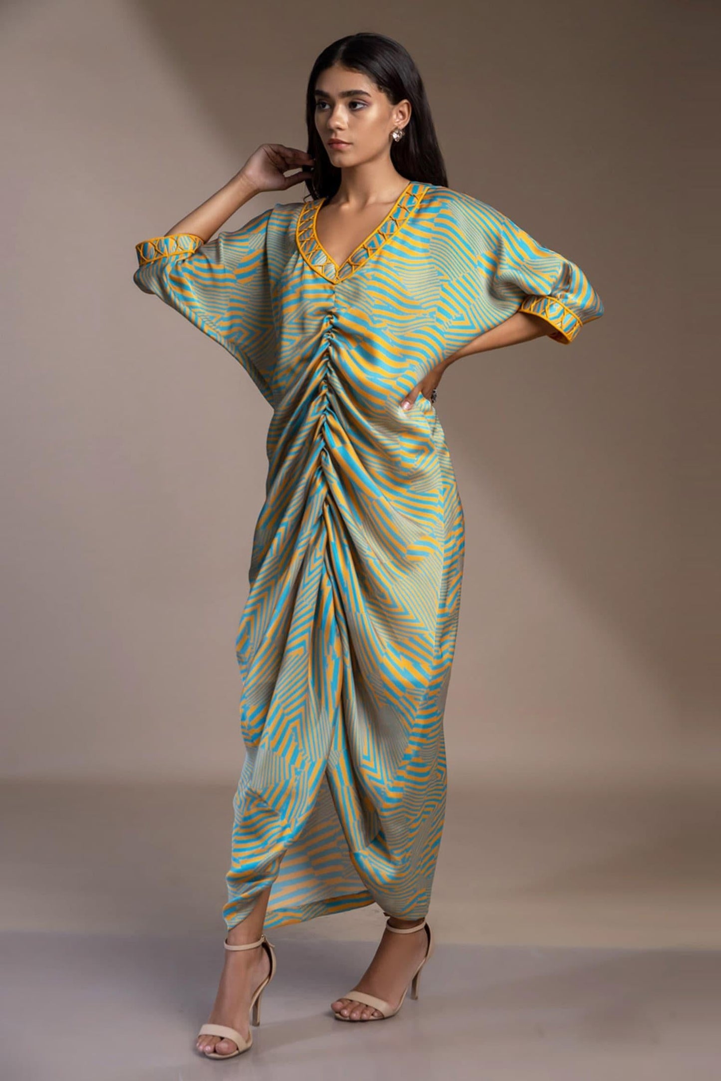 Blue Satin, Georgette Embroidery V-neck Nicobar Ruched Kaftan Dress - Designer Kurta Set
