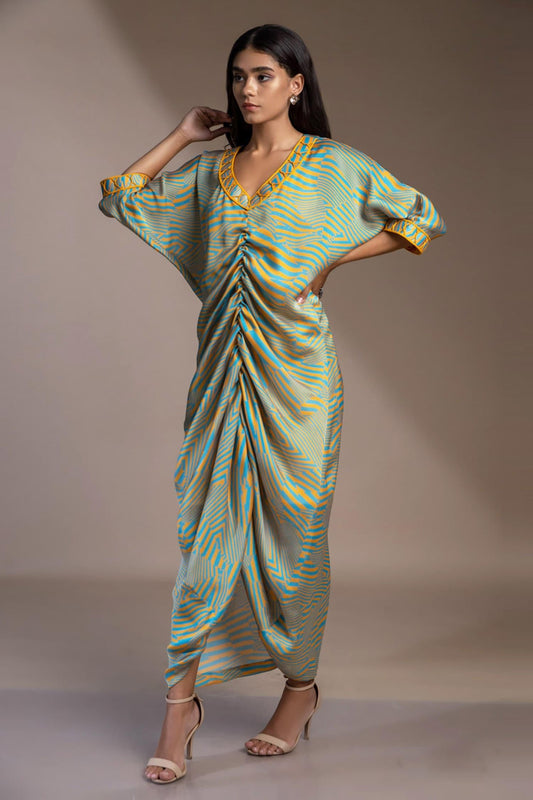 Blue Satin, Georgette Embroidery V-neck Nicobar Ruched Kaftan Dress - Designer Kurta Set