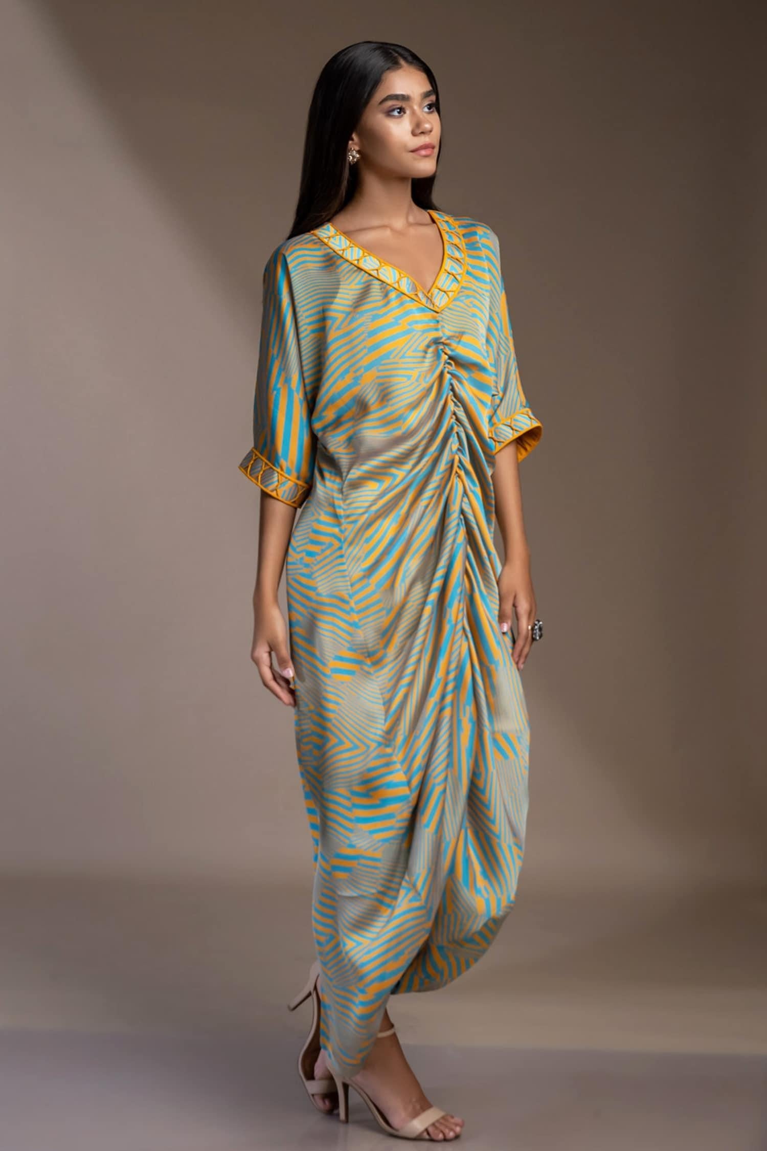 Blue Satin, Georgette Embroidery V-neck Nicobar Ruched Kaftan Dress - Designer Kurta Set
