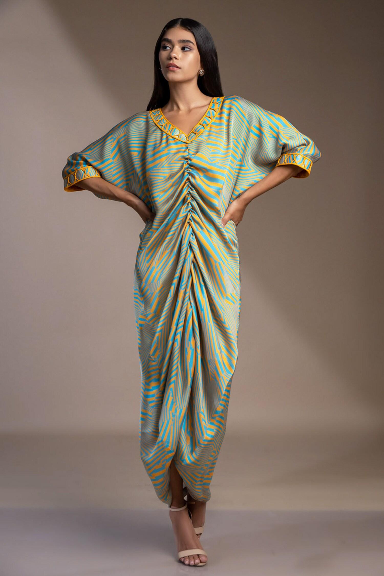 Blue Satin, Georgette Embroidery V-neck Nicobar Ruched Kaftan Dress - Designer Kurta Set