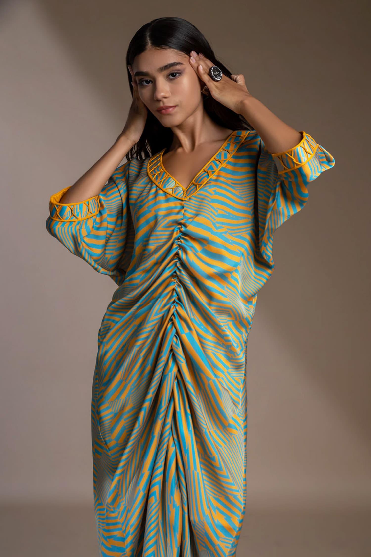 Blue Satin, Georgette Embroidery V-neck Nicobar Ruched Kaftan Dress - Designer Kurta Set