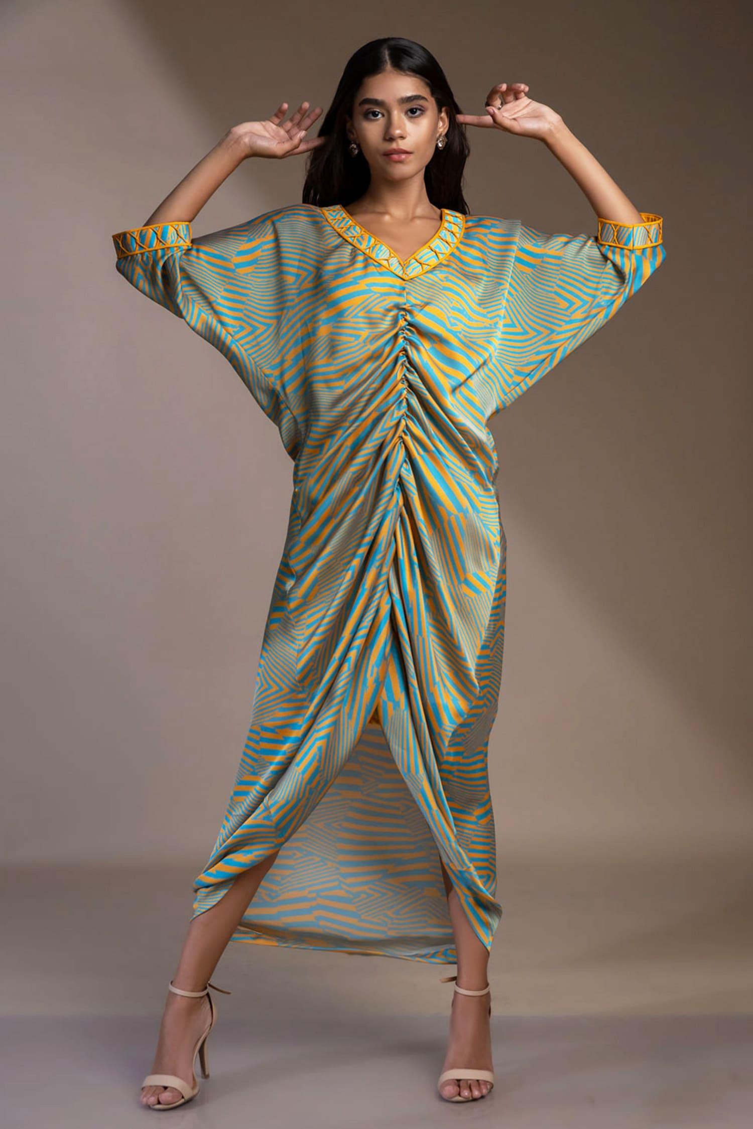 Blue Satin, Georgette Embroidery V-neck Nicobar Ruched Kaftan Dress - Designer Kurta Set