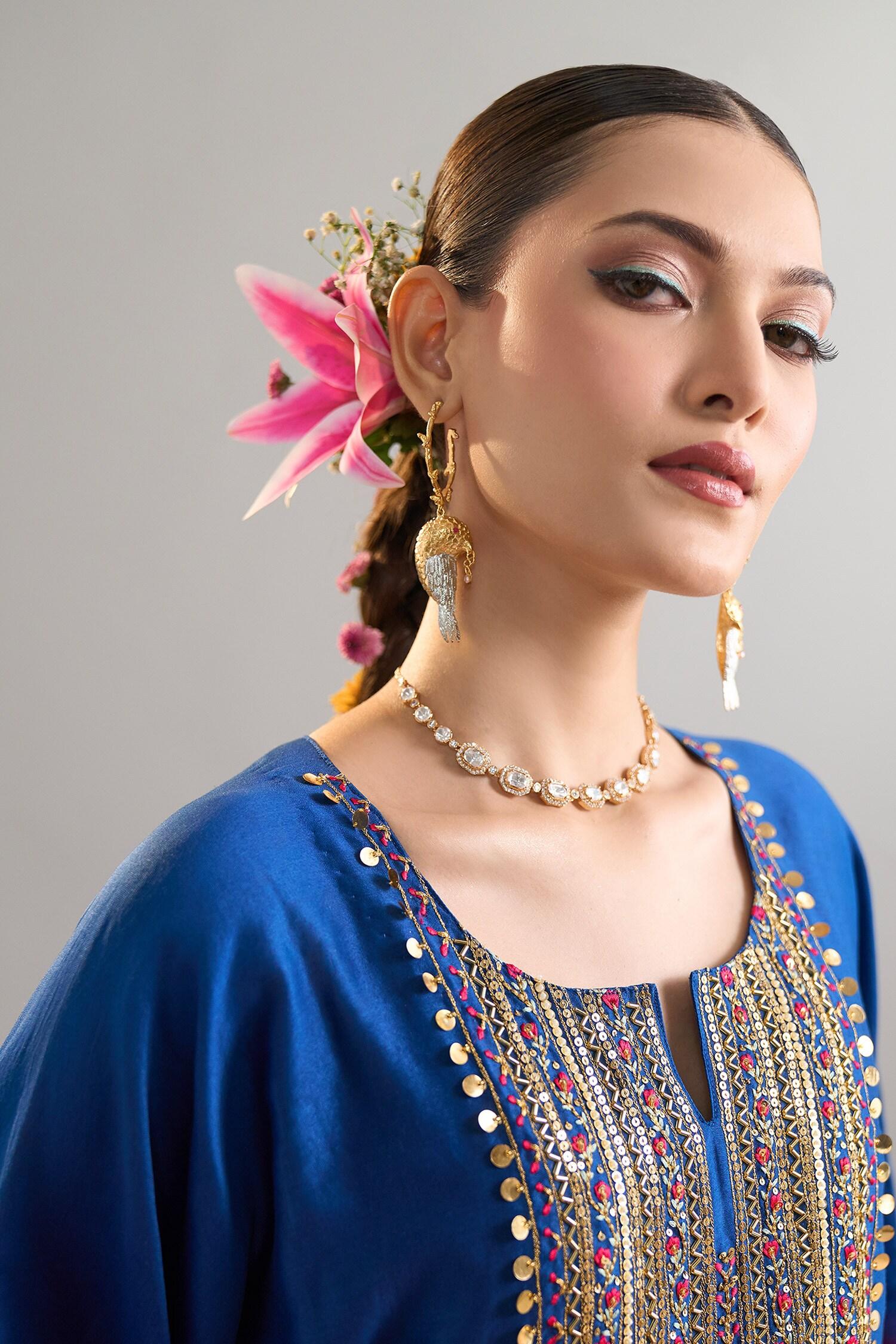 Blue Silk, Chanderi Sequins, Pearls Round Embroidered Royal Kaftan And Pant Set - Designer Kurta Set