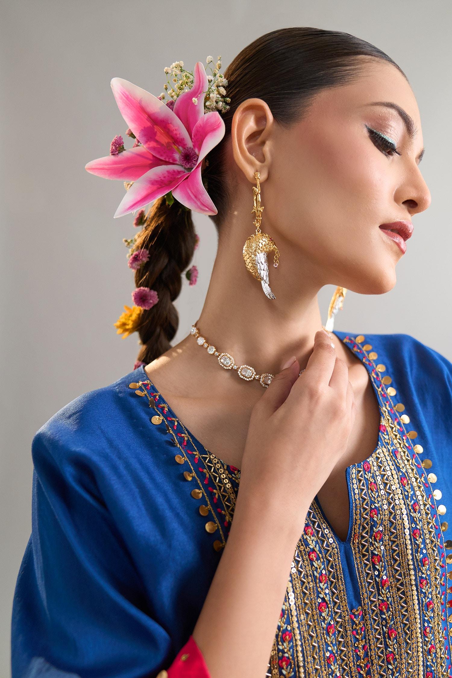 Blue Silk, Chanderi Sequins, Pearls Round Embroidered Royal Kaftan And Pant Set - Designer Kurta Set